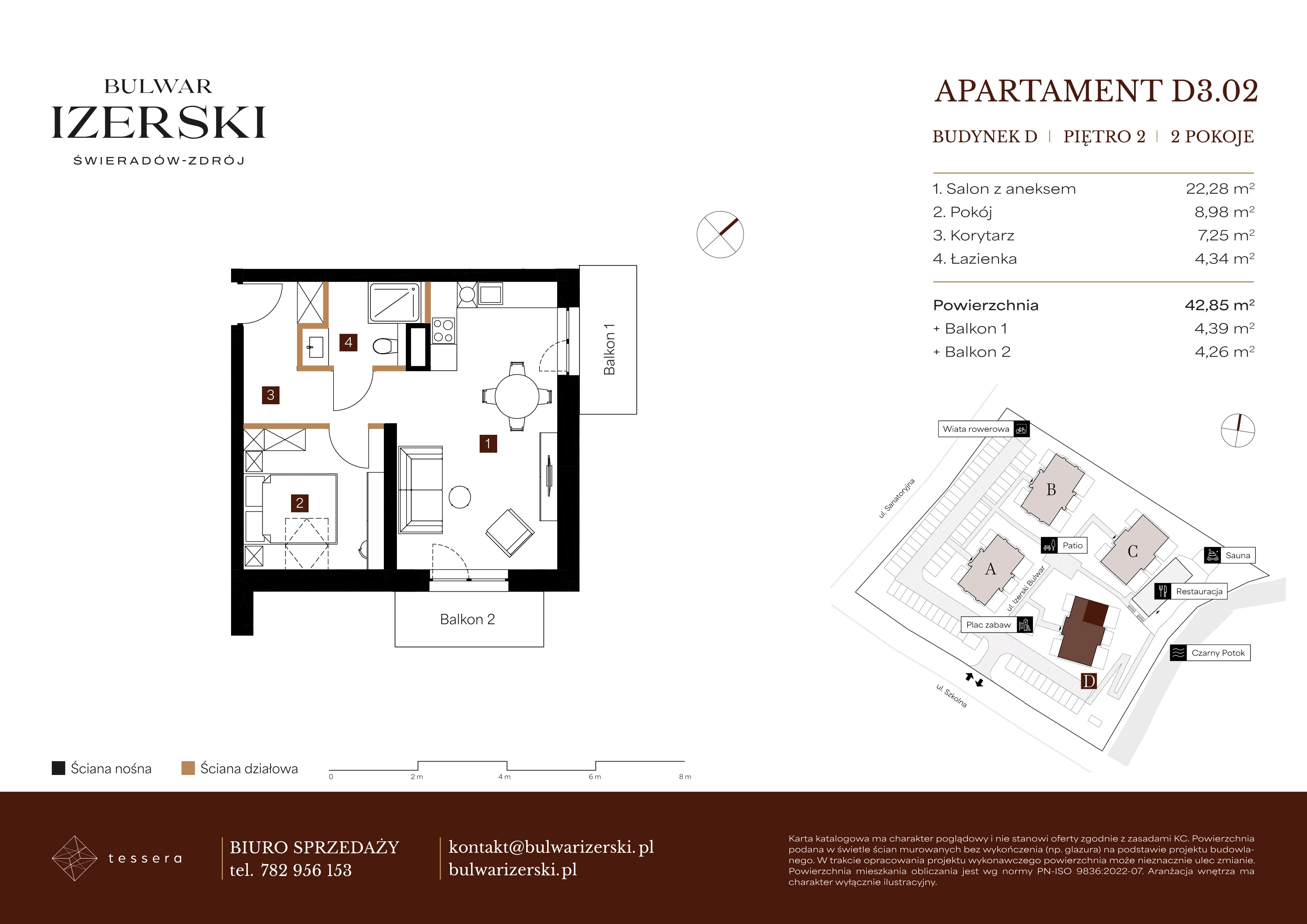 2 pokoje, apartament 42,85 m², piętro 2, oferta nr D3.02, Bulwar Izerski, Świeradów-Zdrój, ul. Szkolna/ul. Sanatoryjna