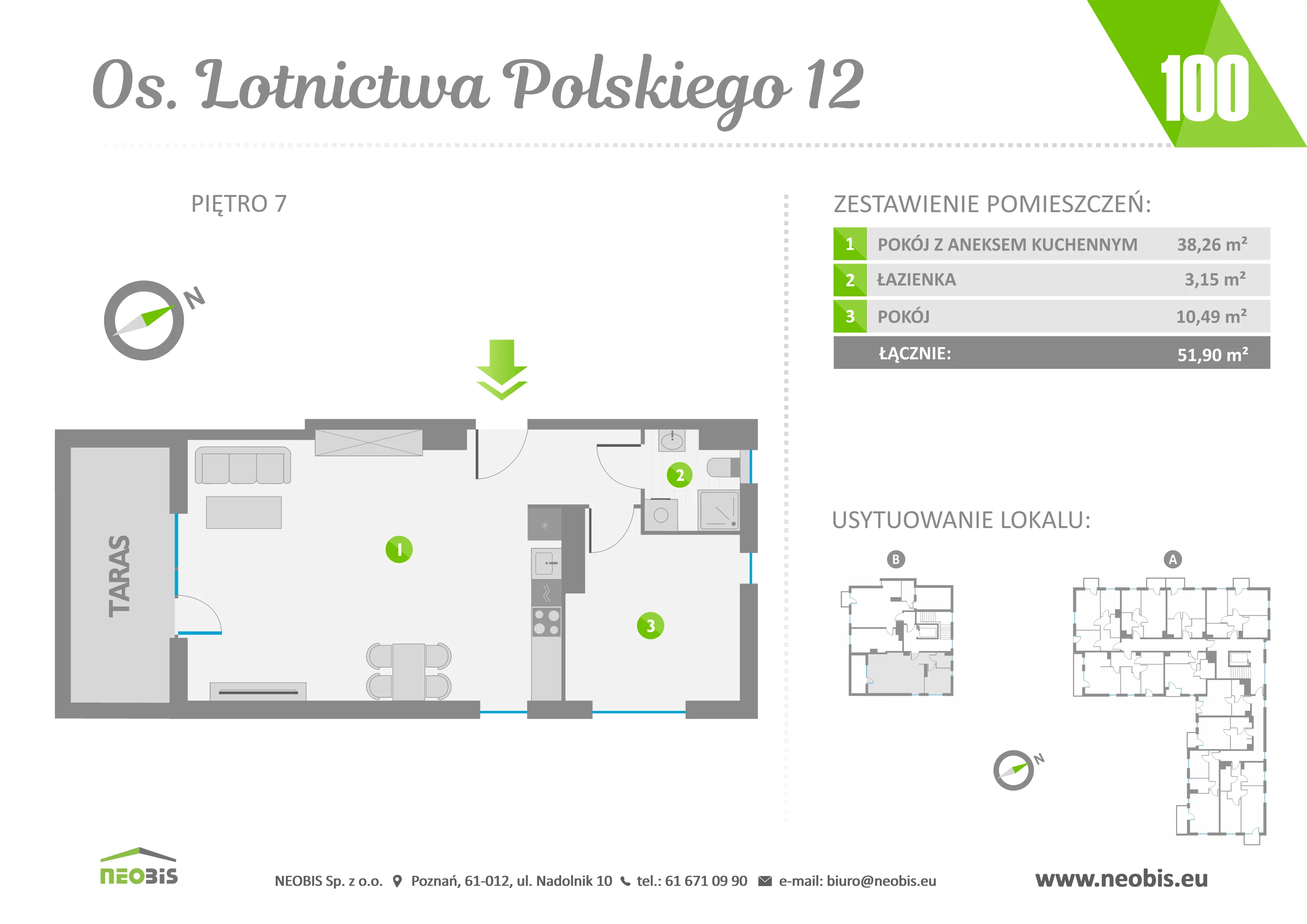 Mieszkanie 51,90 m², piętro 7, oferta nr 100, Osiedle Lotnictwa Polskiego 12, Poznań, Ogrody, Ogrody, ul. Lotnictwa Polskiego 12