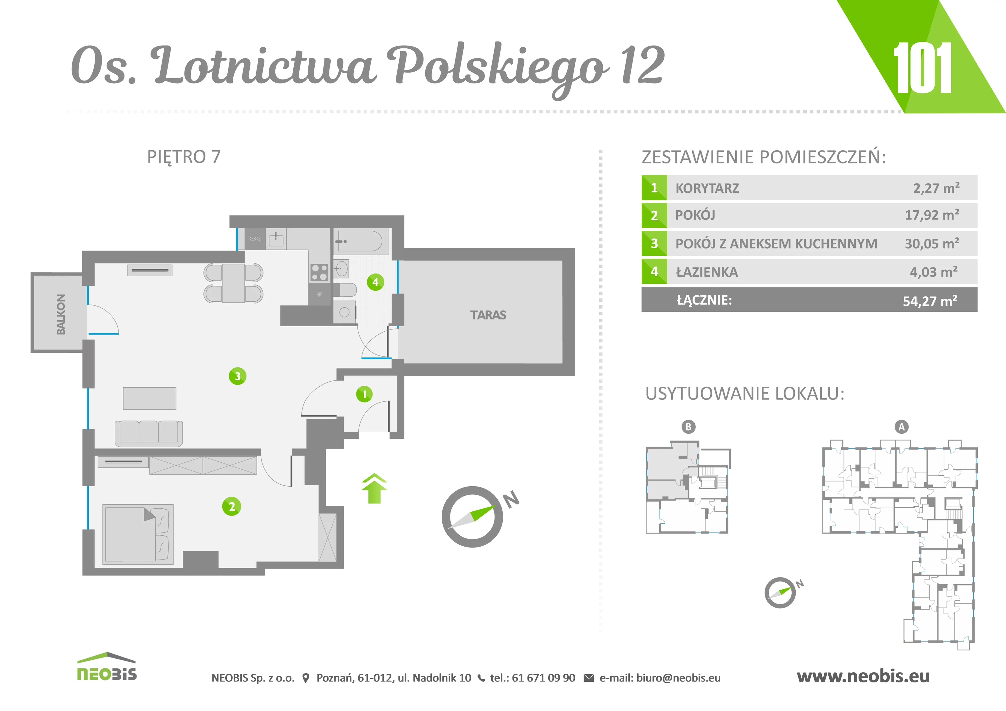 Mieszkanie 54,27 m², piętro 7, oferta nr 101, Osiedle Lotnictwa Polskiego 12, Poznań, Ogrody, Ogrody, ul. Lotnictwa Polskiego 12