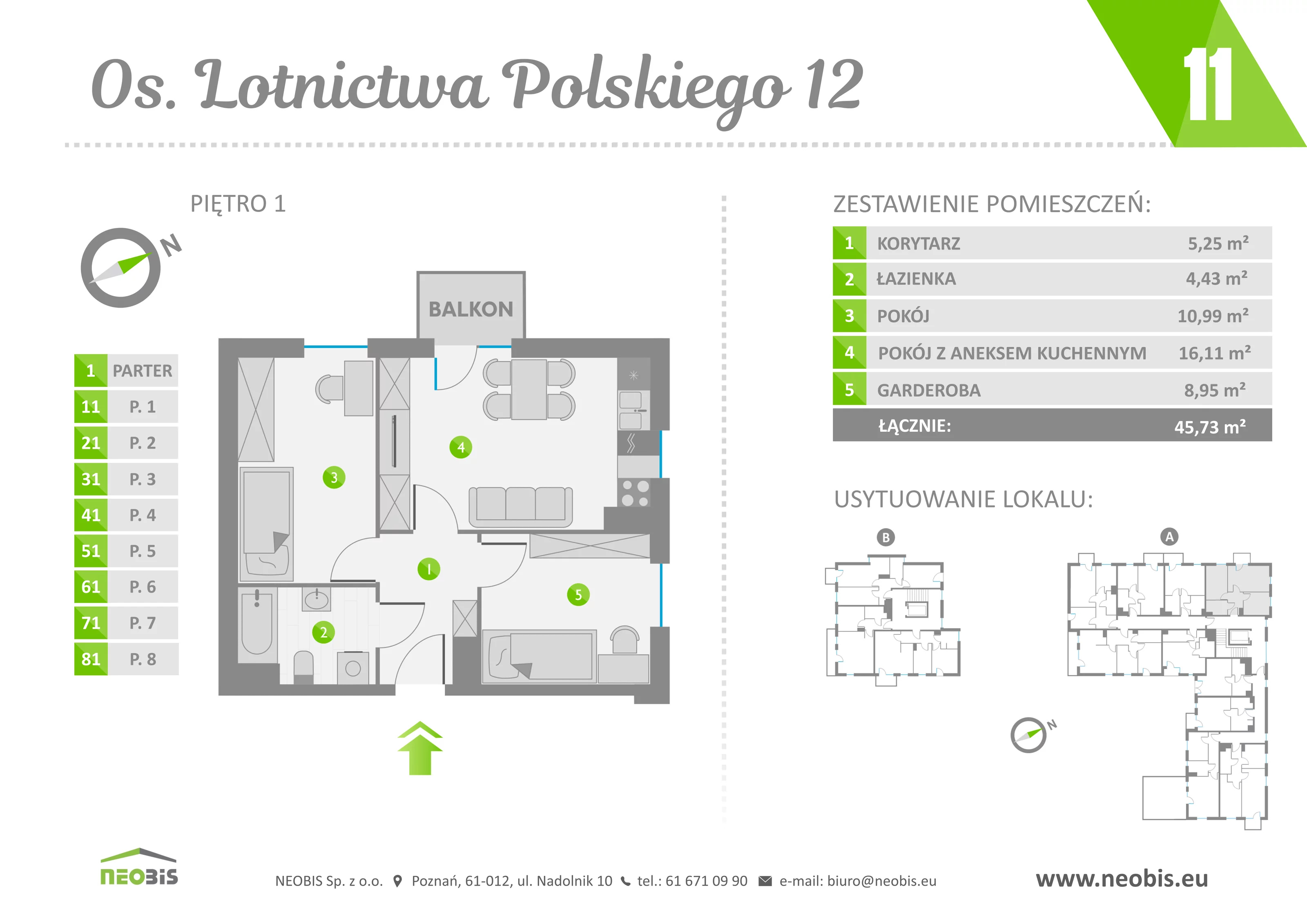 Mieszkanie 45,73 m², piętro 1, oferta nr 11, Osiedle Lotnictwa Polskiego 12, Poznań, Ogrody, Ogrody, ul. Lotnictwa Polskiego 12