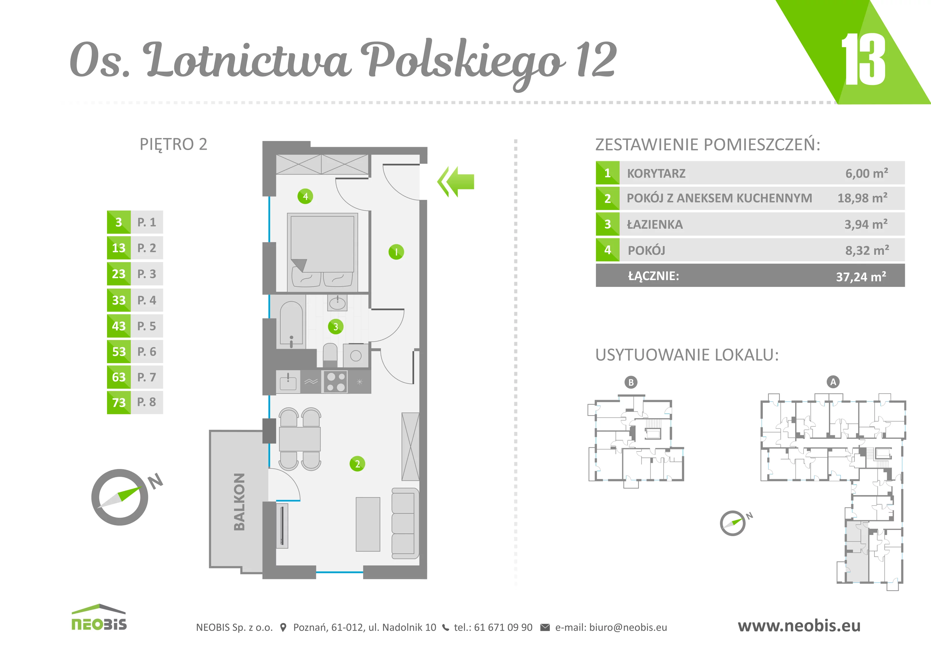 Mieszkanie 37,24 m², piętro 2, oferta nr 13, Osiedle Lotnictwa Polskiego 12, Poznań, Ogrody, Ogrody, ul. Lotnictwa Polskiego 12