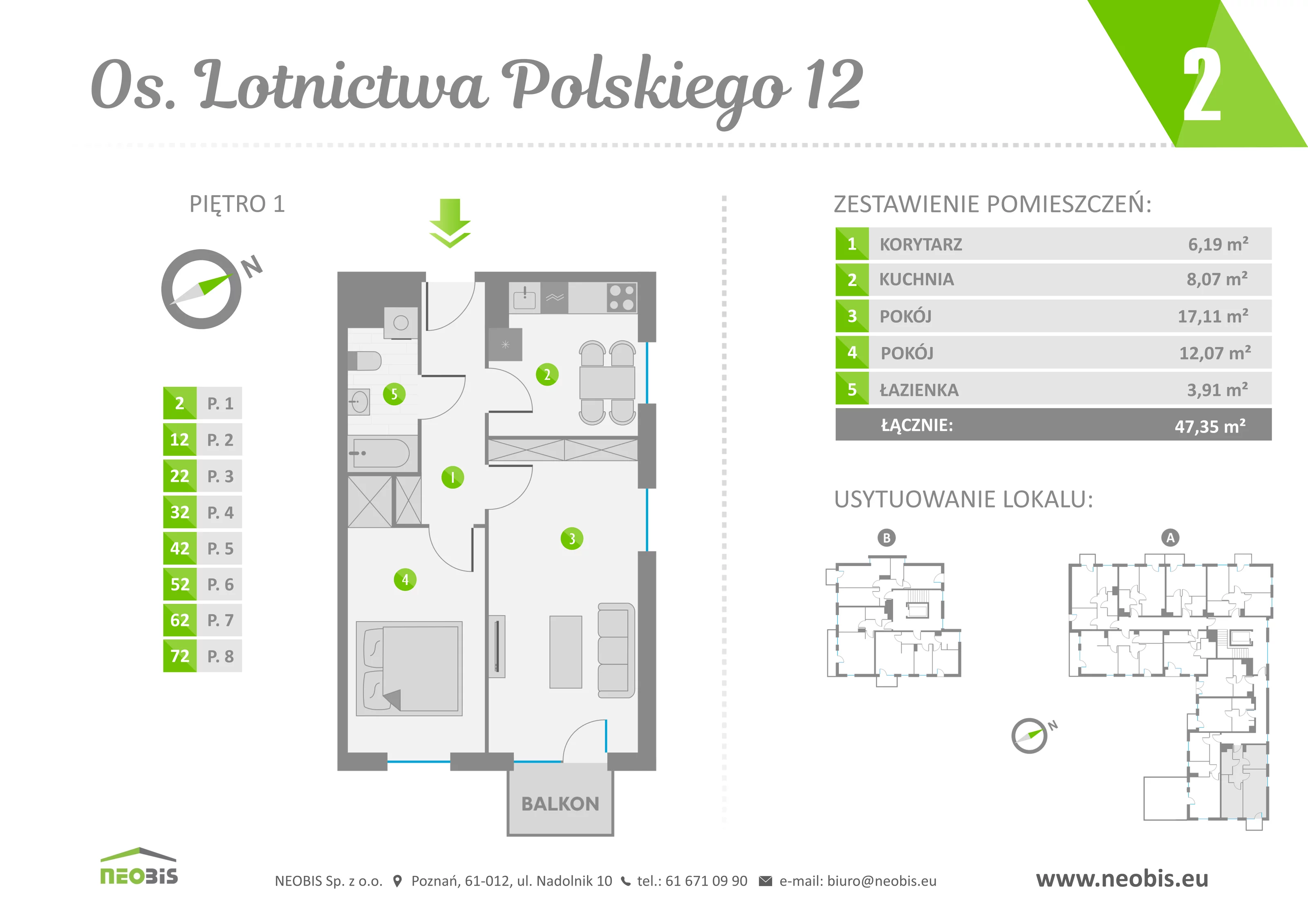 Mieszkanie 47,35 m², piętro 1, oferta nr 2, Osiedle Lotnictwa Polskiego 12, Poznań, Ogrody, Ogrody, ul. Lotnictwa Polskiego 12