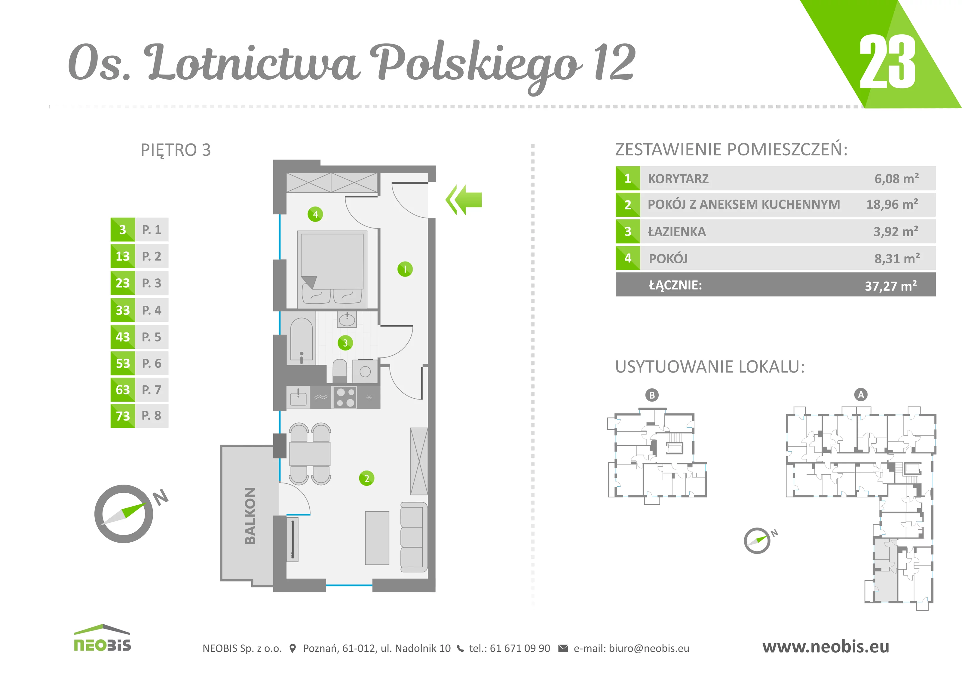 Mieszkanie 37,27 m², piętro 3, oferta nr 23, Osiedle Lotnictwa Polskiego 12, Poznań, Ogrody, Ogrody, ul. Lotnictwa Polskiego 12