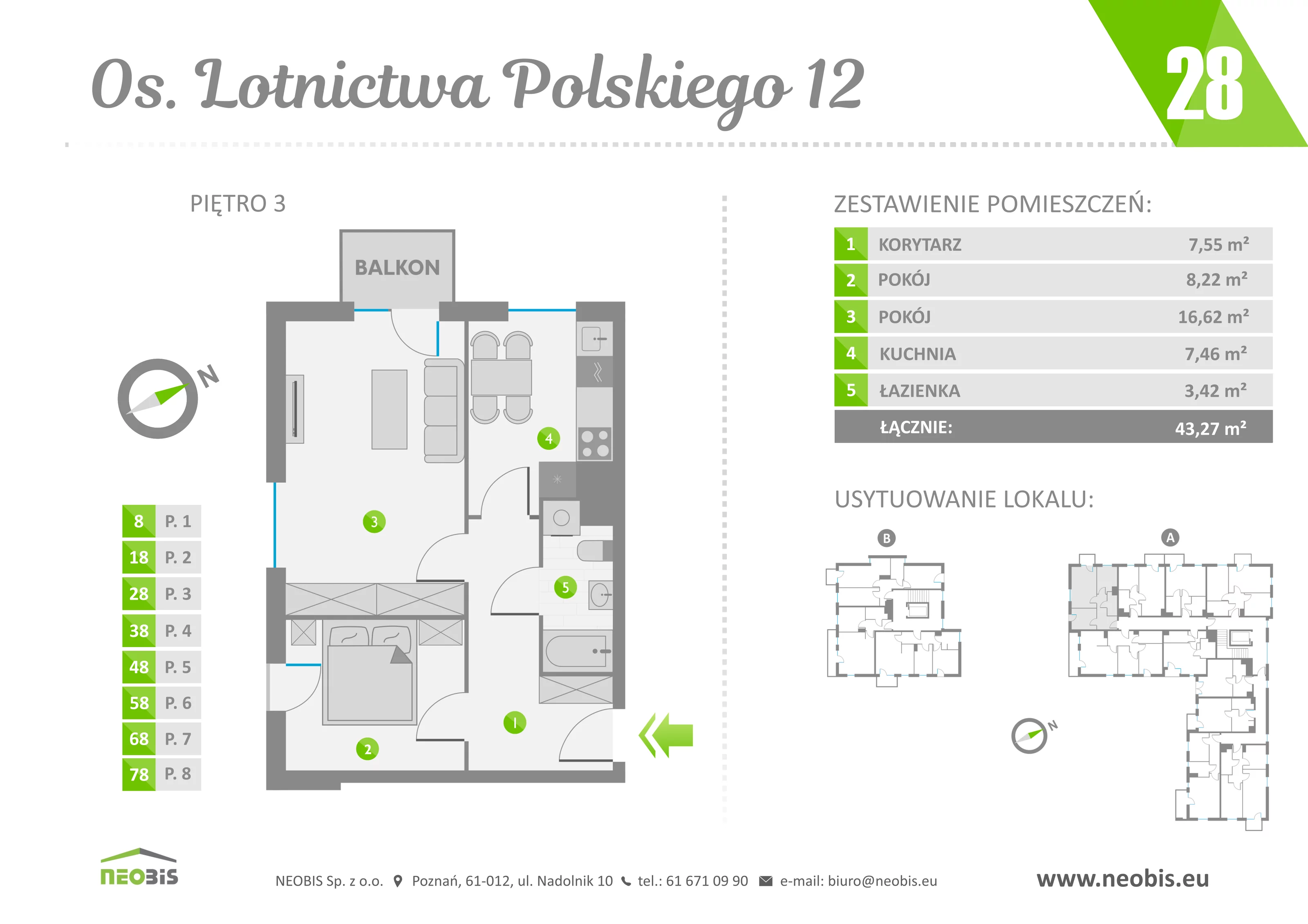 Mieszkanie 43,27 m², piętro 3, oferta nr 28, Osiedle Lotnictwa Polskiego 12, Poznań, Ogrody, Ogrody, ul. Lotnictwa Polskiego 12