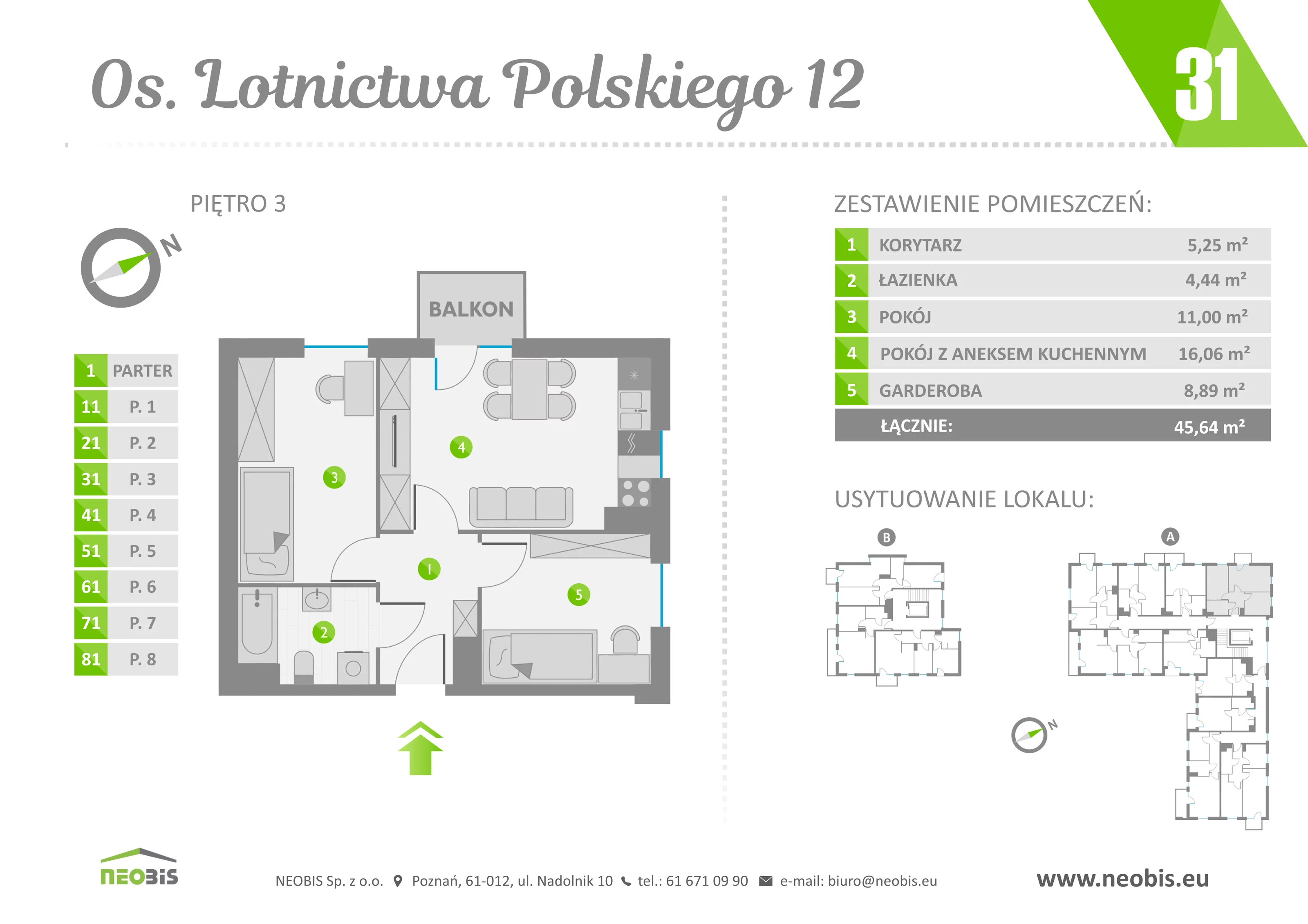 Mieszkanie 45,64 m², piętro 3, oferta nr 31, Osiedle Lotnictwa Polskiego 12, Poznań, Ogrody, Ogrody, ul. Lotnictwa Polskiego 12