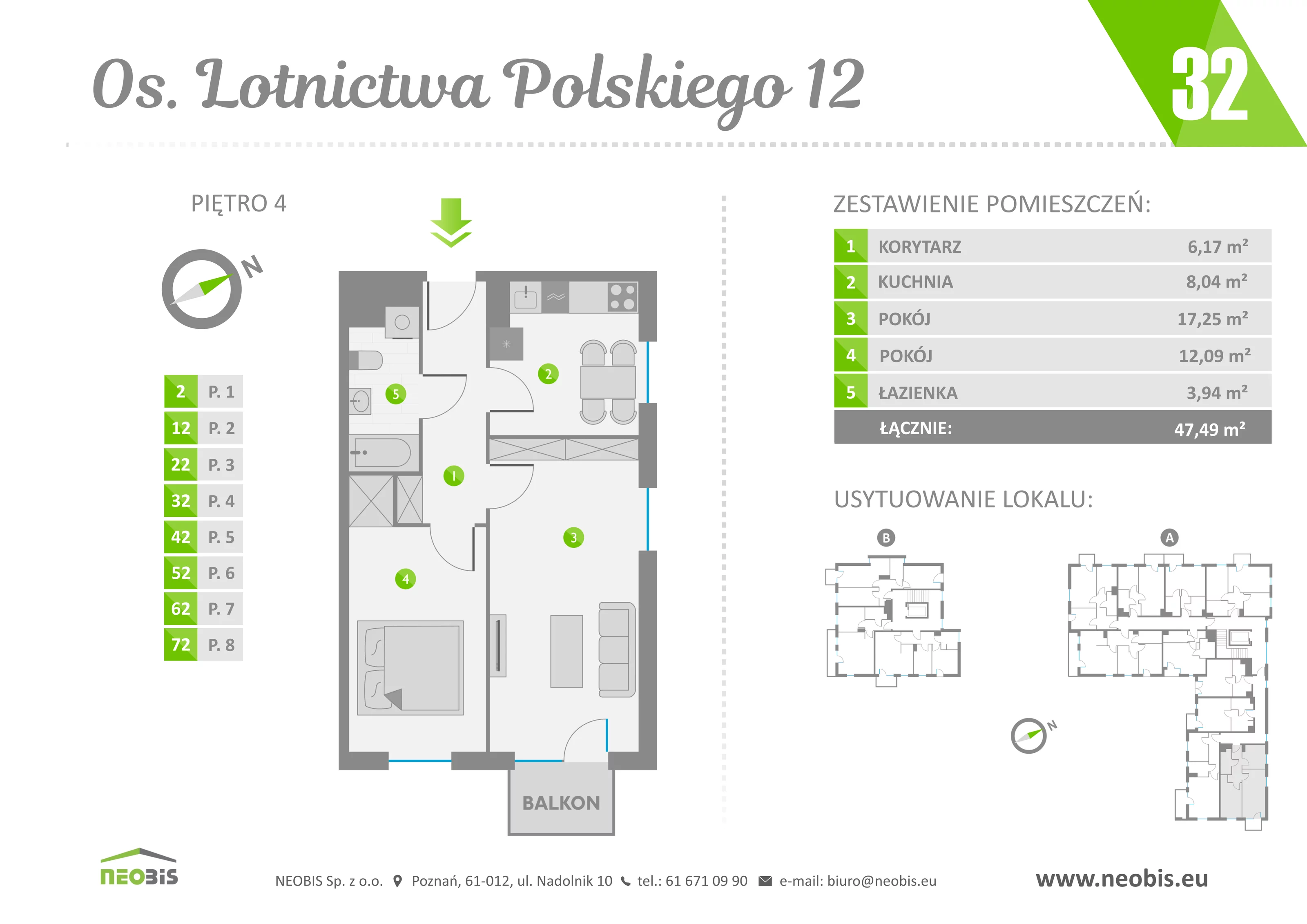 Mieszkanie 47,49 m², piętro 4, oferta nr 32, Osiedle Lotnictwa Polskiego 12, Poznań, Ogrody, Ogrody, ul. Lotnictwa Polskiego 12