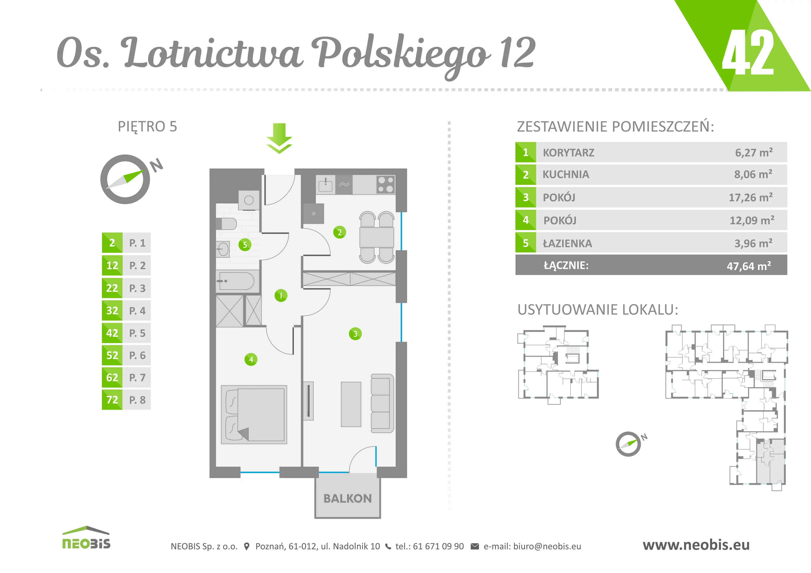 Mieszkanie 47,64 m², piętro 5, oferta nr 42, Osiedle Lotnictwa Polskiego 12, Poznań, Ogrody, Ogrody, ul. Lotnictwa Polskiego 12