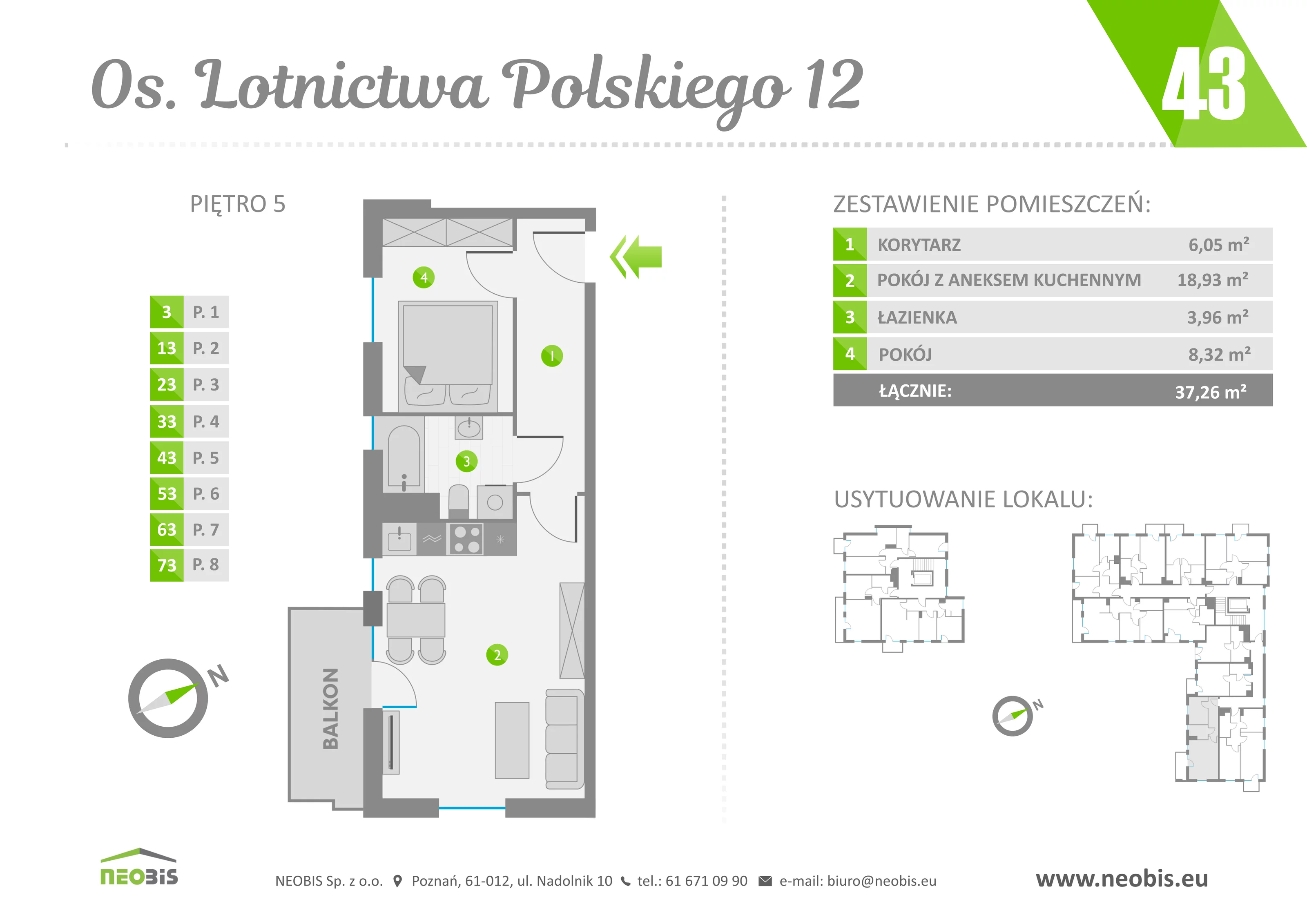 Mieszkanie 37,26 m², piętro 5, oferta nr 43, Osiedle Lotnictwa Polskiego 12, Poznań, Ogrody, Ogrody, ul. Lotnictwa Polskiego 12