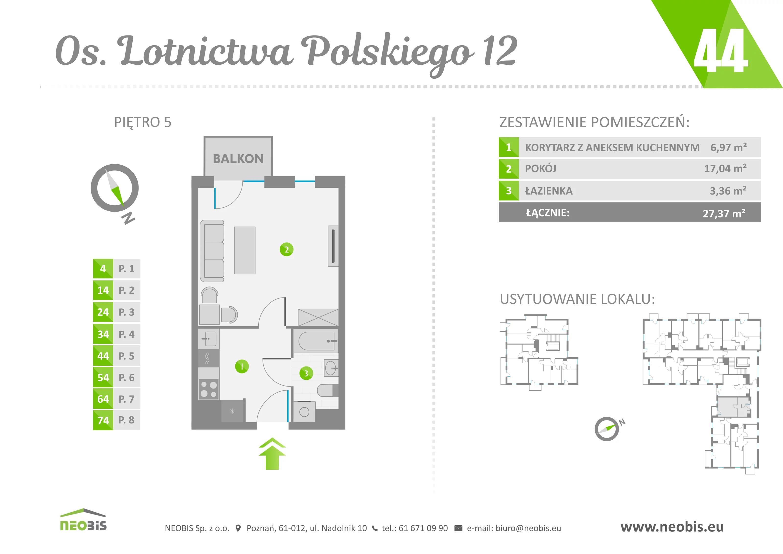 Mieszkanie 27,37 m², piętro 5, oferta nr 44, Osiedle Lotnictwa Polskiego 12, Poznań, Ogrody, Ogrody, ul. Lotnictwa Polskiego 12