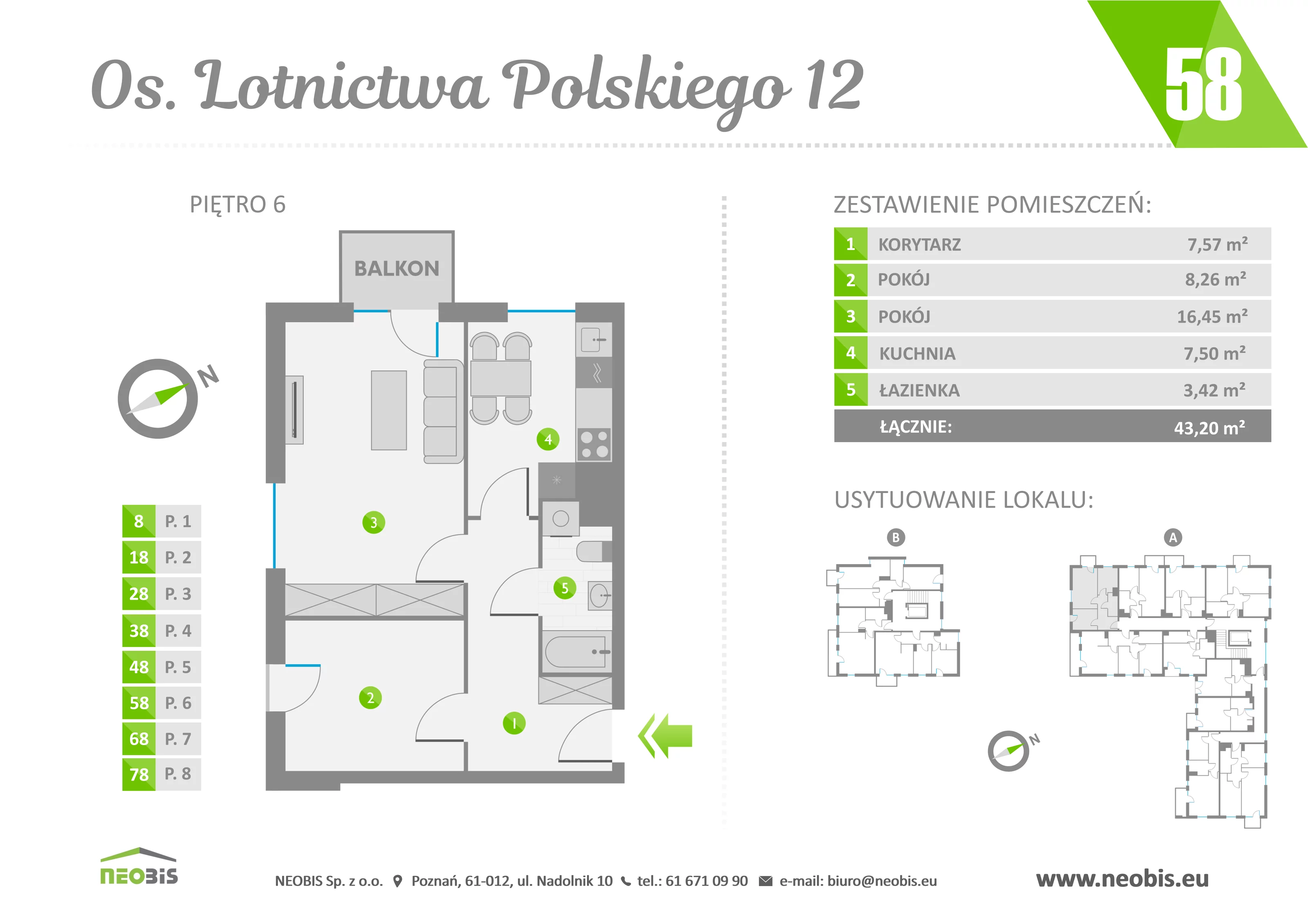 Mieszkanie 43,20 m², piętro 6, oferta nr 58, Osiedle Lotnictwa Polskiego 12, Poznań, Ogrody, Ogrody, ul. Lotnictwa Polskiego 12