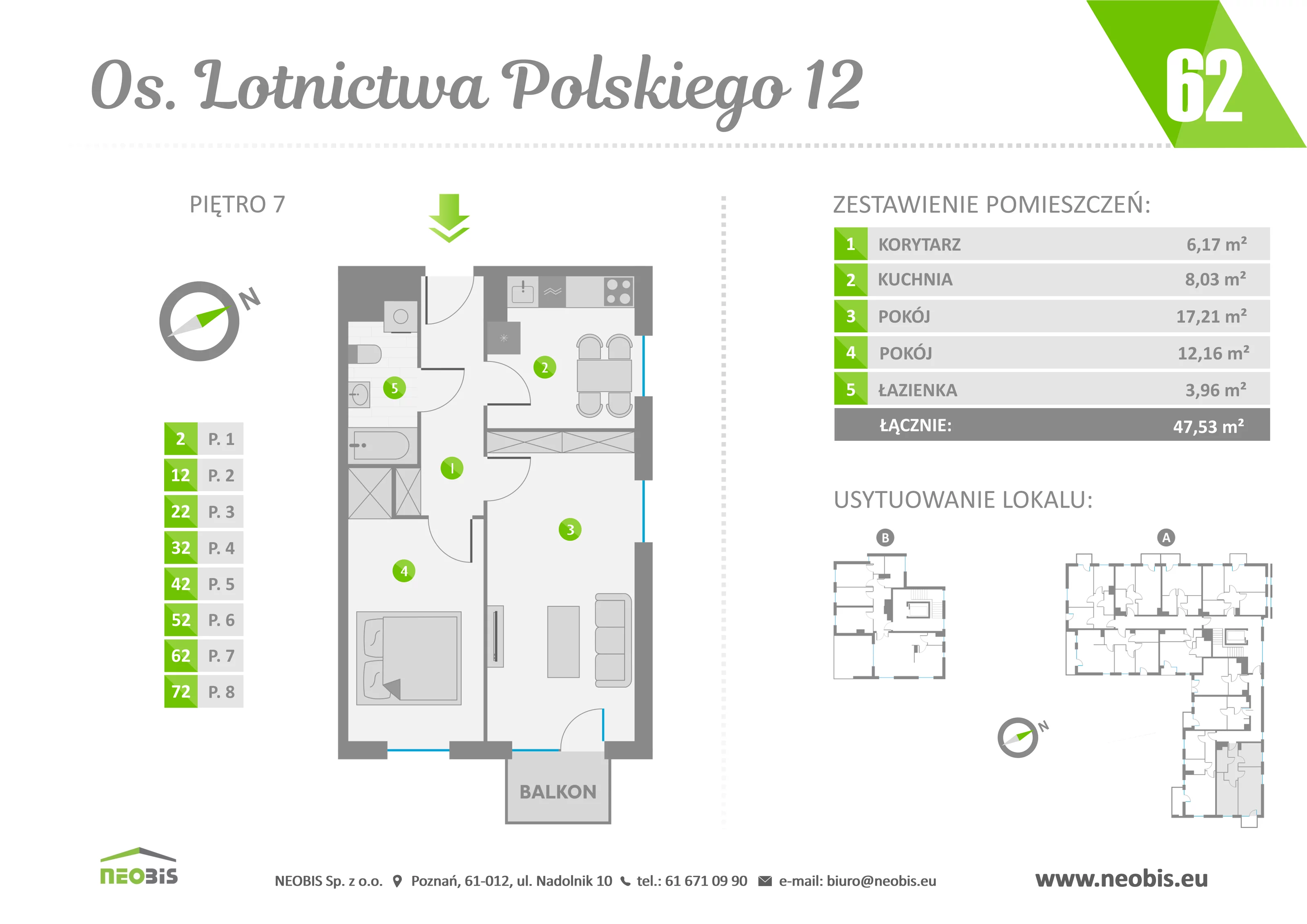 Mieszkanie 47,53 m², piętro 7, oferta nr 62, Osiedle Lotnictwa Polskiego 12, Poznań, Ogrody, Ogrody, ul. Lotnictwa Polskiego 12