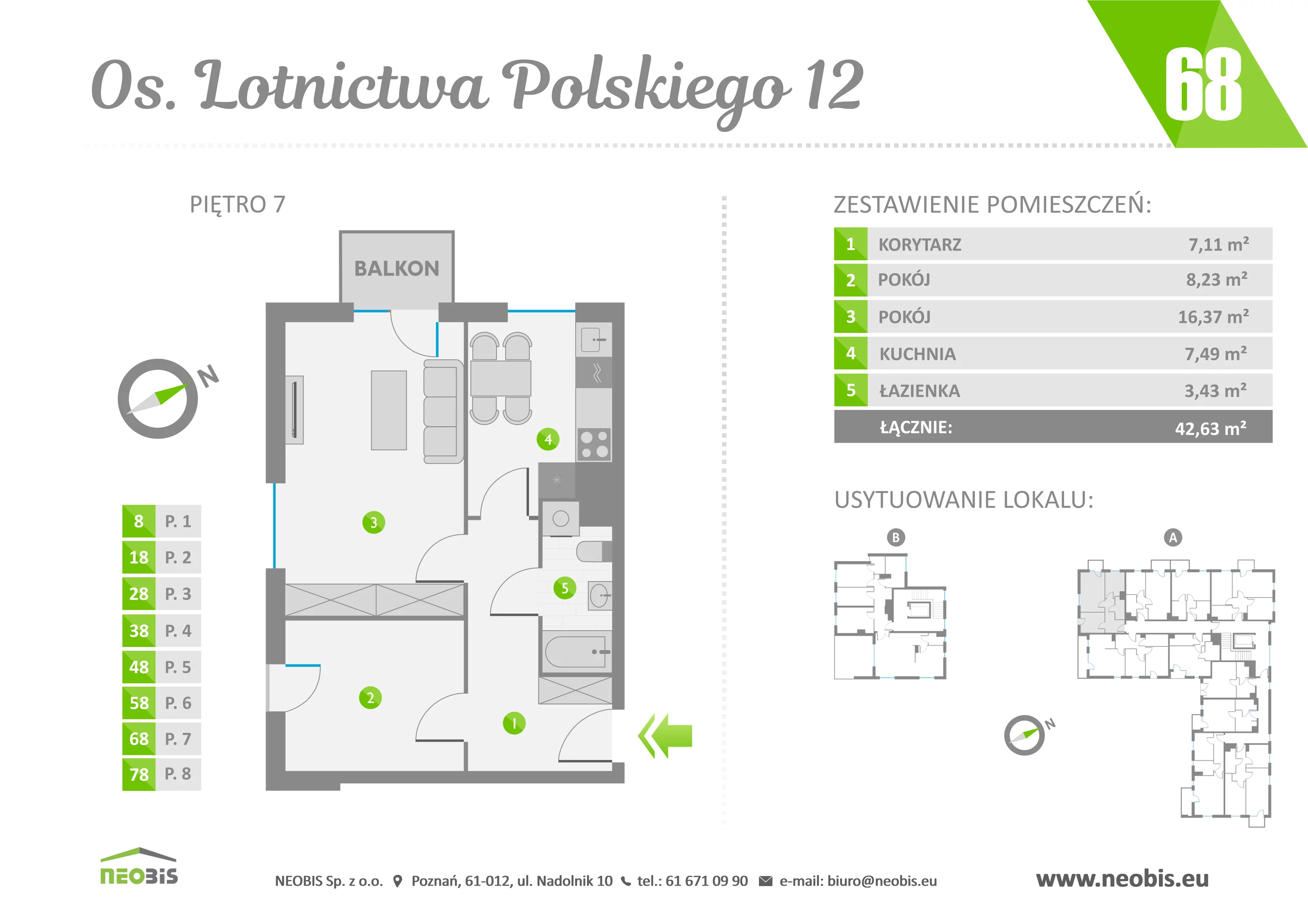 Mieszkanie 42,63 m², piętro 7, oferta nr 68, Osiedle Lotnictwa Polskiego 12, Poznań, Ogrody, Ogrody, ul. Lotnictwa Polskiego 12