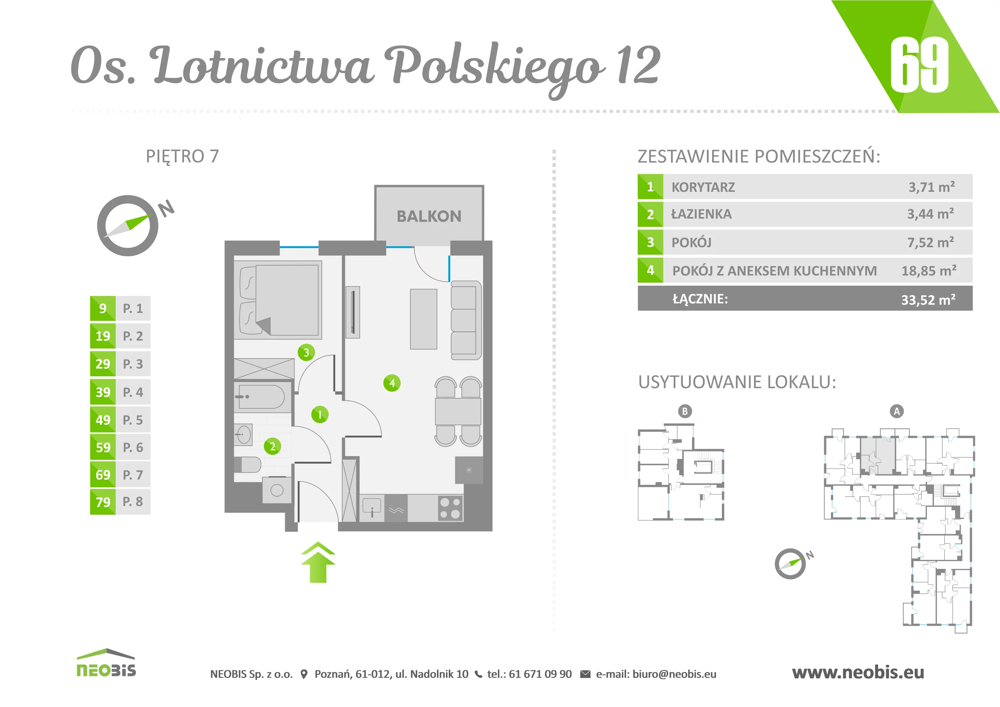 Mieszkanie 33,52 m², piętro 7, oferta nr 69, Osiedle Lotnictwa Polskiego 12, Poznań, Ogrody, Ogrody, ul. Lotnictwa Polskiego 12