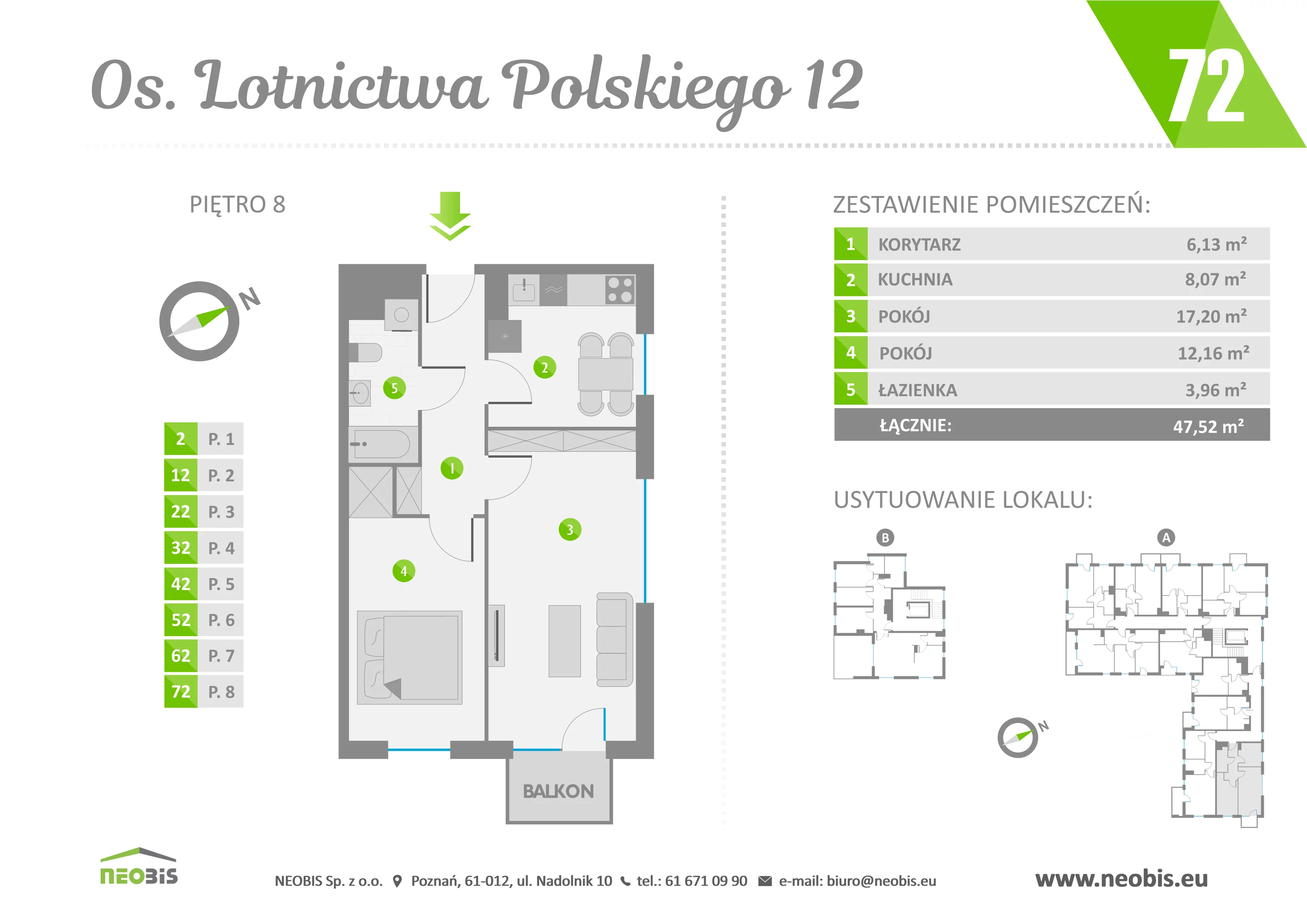 Mieszkanie 47,52 m², piętro 8, oferta nr 72, Osiedle Lotnictwa Polskiego 12, Poznań, Ogrody, Ogrody, ul. Lotnictwa Polskiego 12