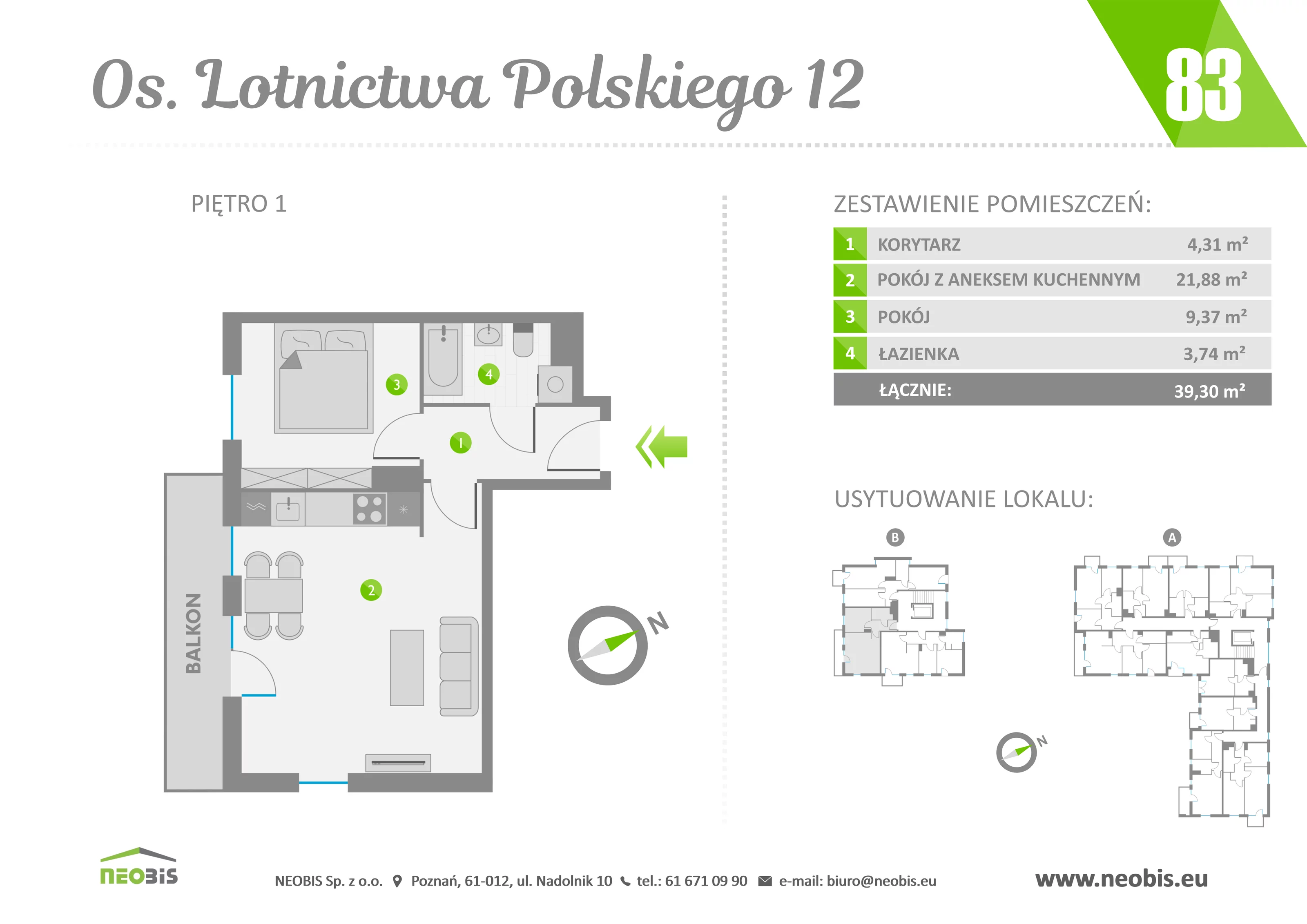 Mieszkanie 39,30 m², piętro 1, oferta nr 83, Osiedle Lotnictwa Polskiego 12, Poznań, Ogrody, Ogrody, ul. Lotnictwa Polskiego 12