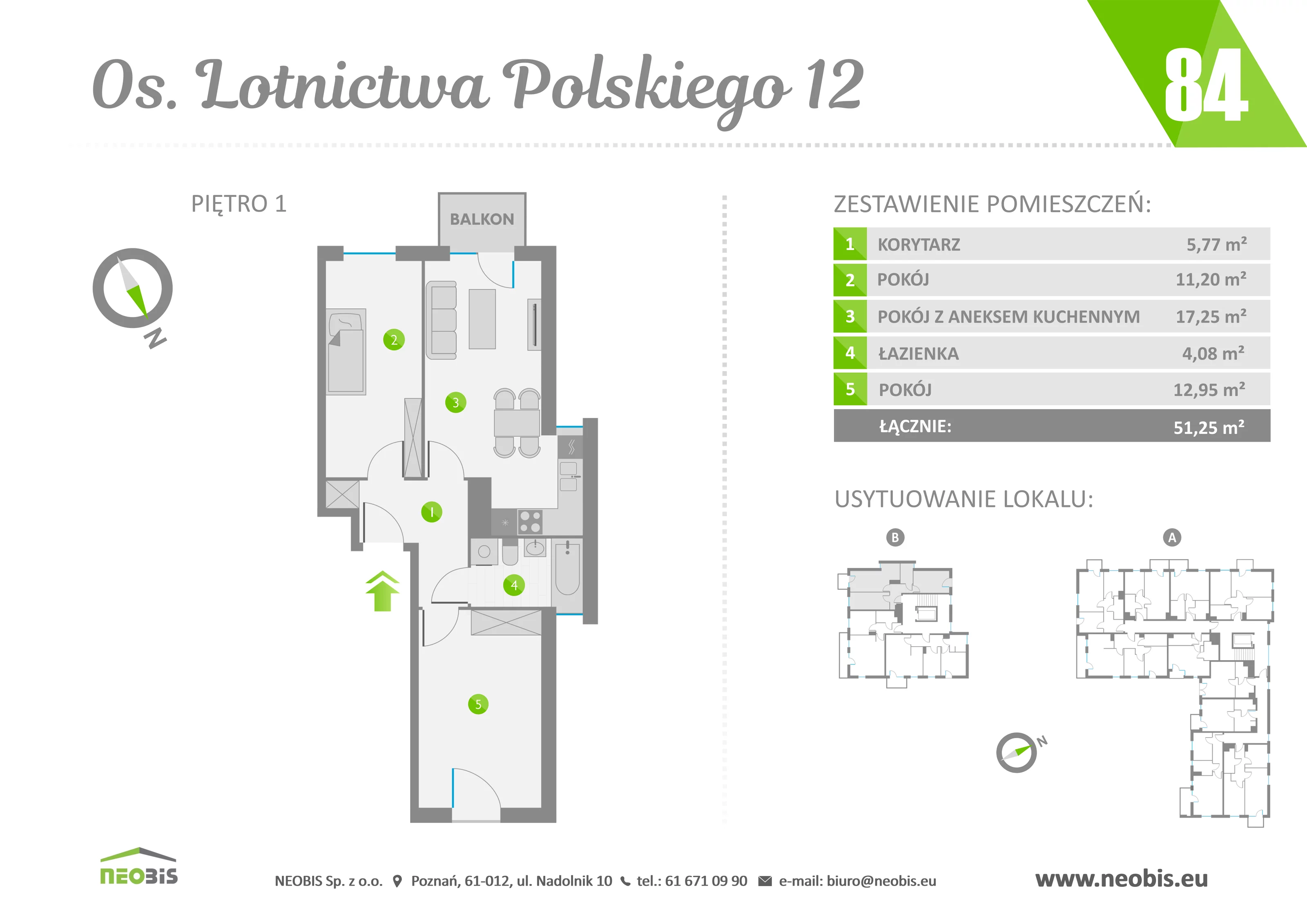 Mieszkanie 51,25 m², piętro 1, oferta nr 84, Osiedle Lotnictwa Polskiego 12, Poznań, Ogrody, Ogrody, ul. Lotnictwa Polskiego 12