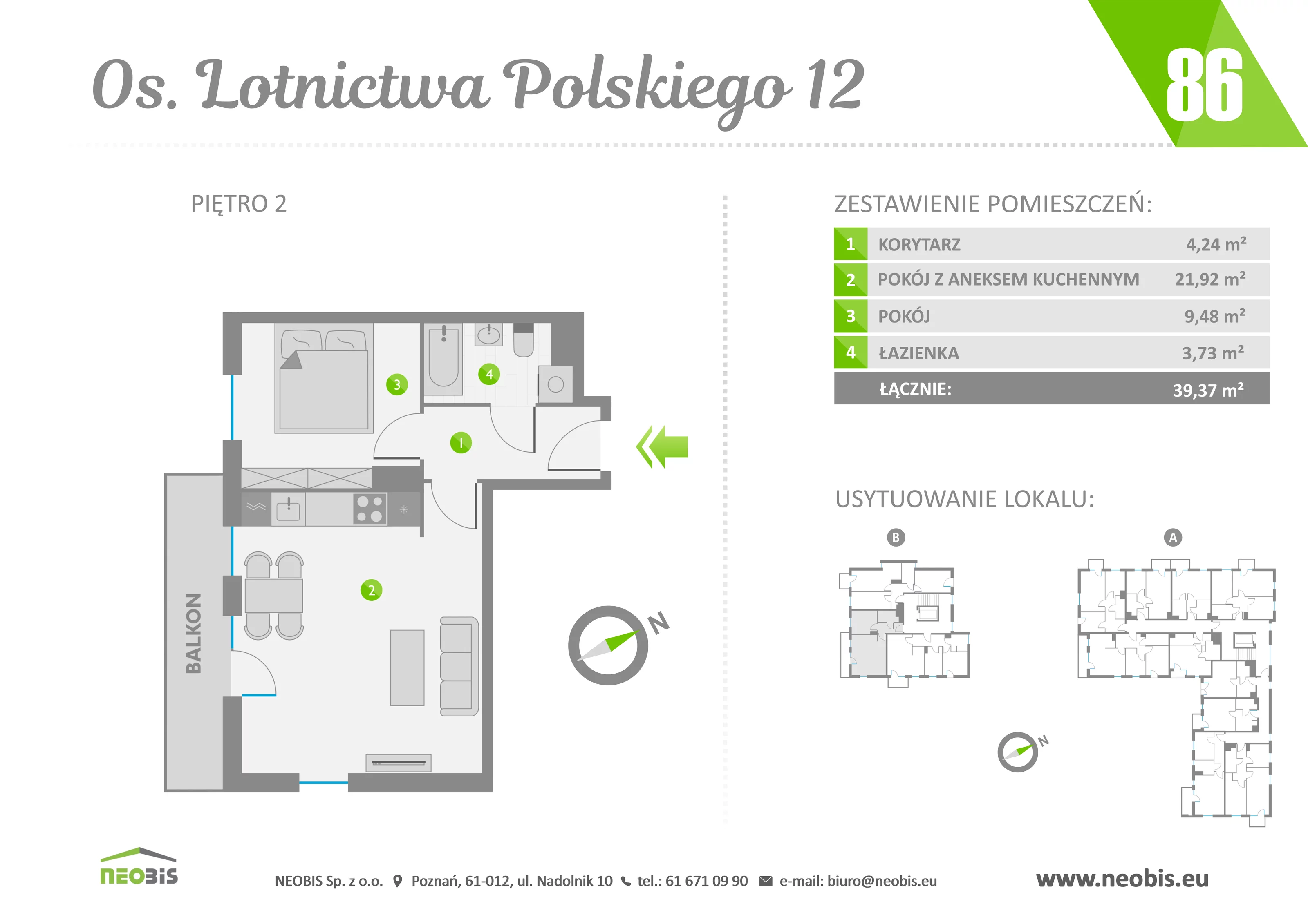 Mieszkanie 39,37 m², piętro 2, oferta nr 86, Osiedle Lotnictwa Polskiego 12, Poznań, Ogrody, Ogrody, ul. Lotnictwa Polskiego 12