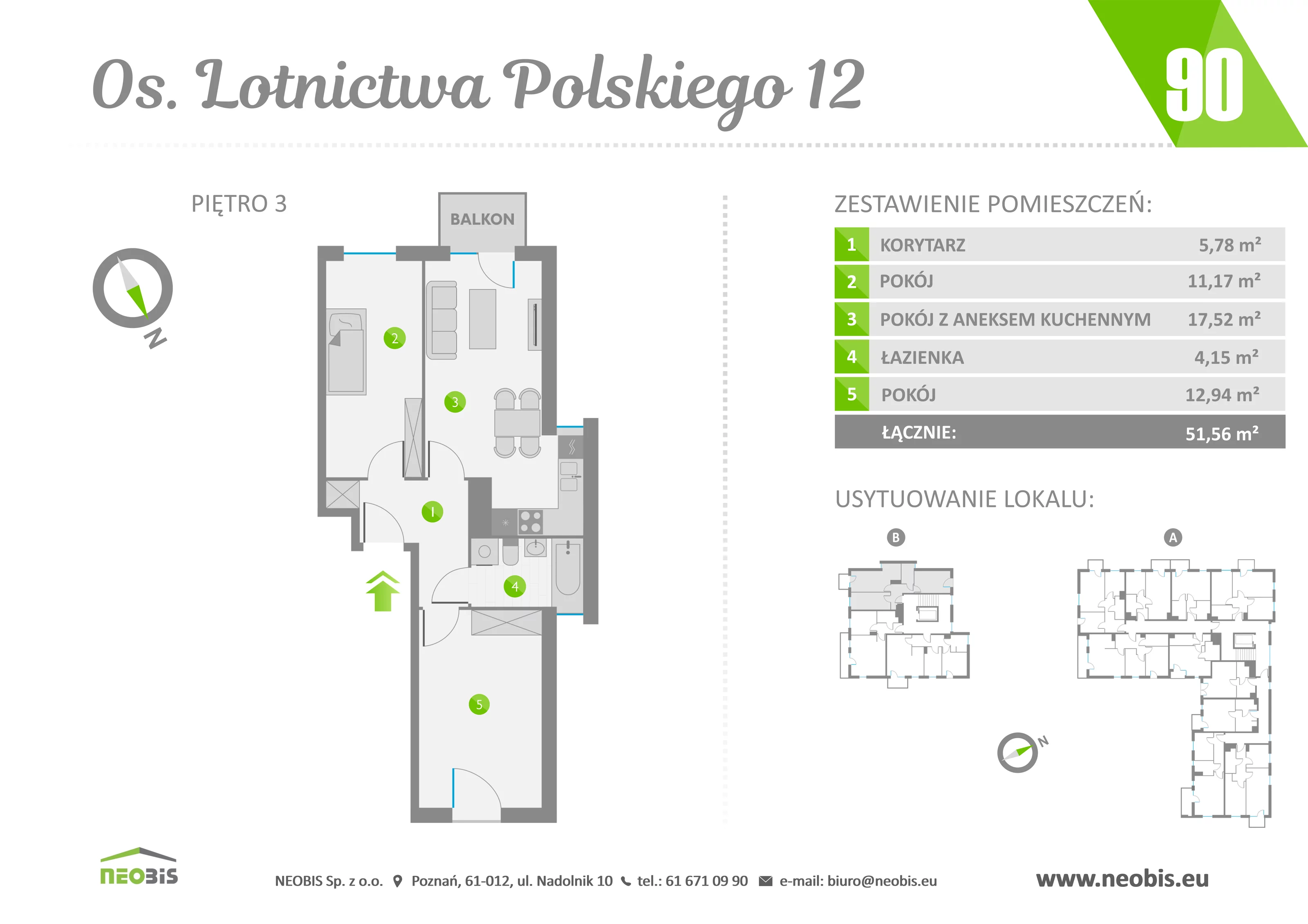 Mieszkanie 51,56 m², piętro 3, oferta nr 90, Osiedle Lotnictwa Polskiego 12, Poznań, Ogrody, Ogrody, ul. Lotnictwa Polskiego 12