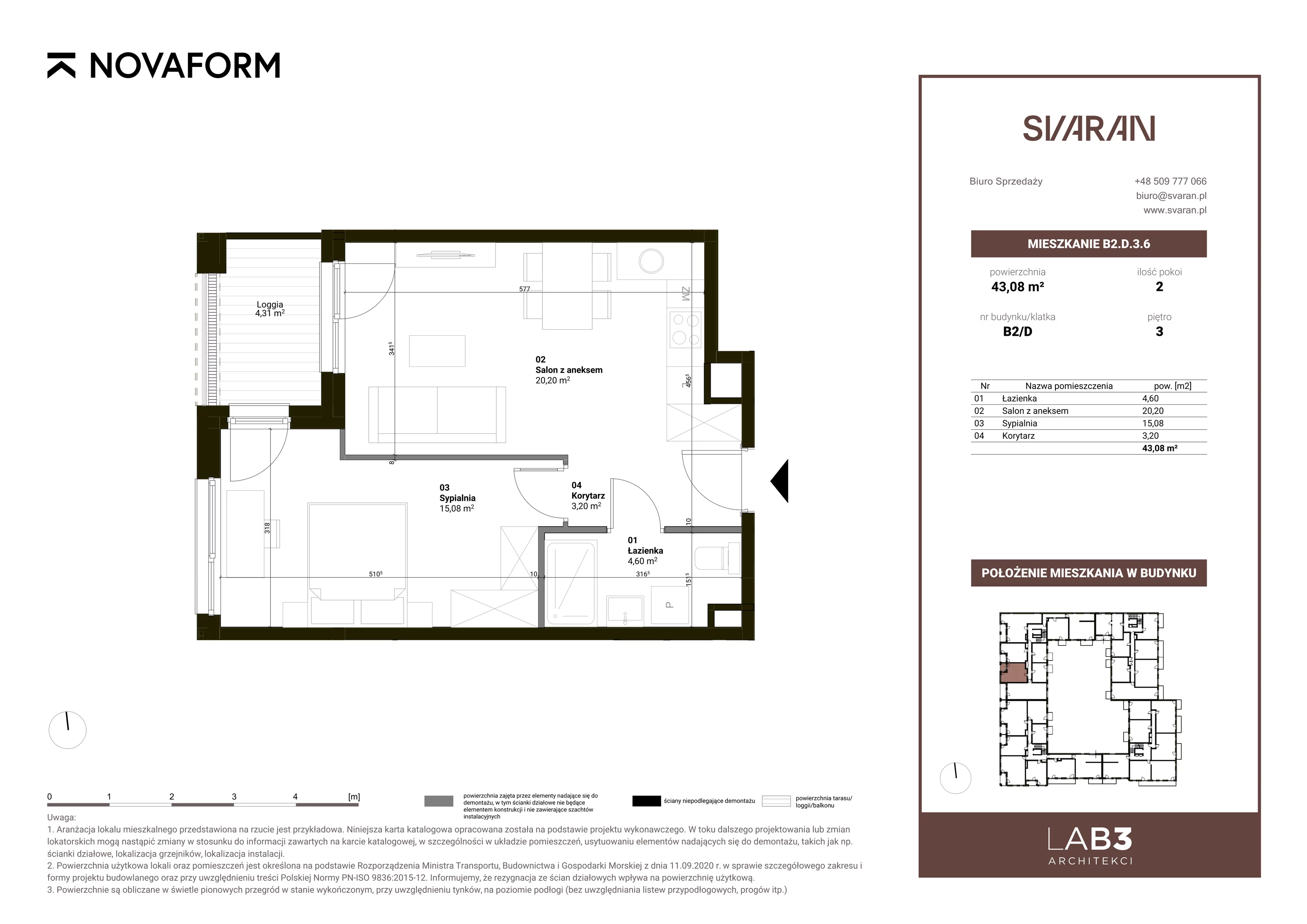 2 pokoje, mieszkanie 43,08 m², piętro 3, oferta nr B2.D.3.6, Svaran, Swarzędz, ul. Wrzesińska