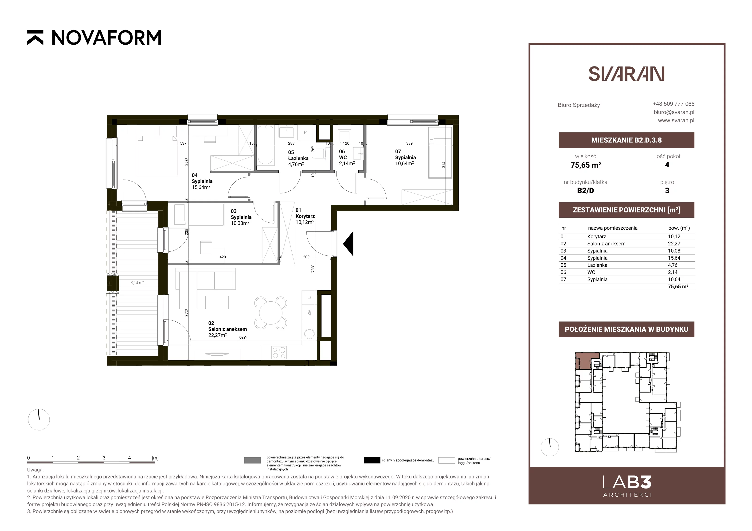 4 pokoje, mieszkanie 75,65 m², piętro 3, oferta nr B2.D.3.8, Svaran, Swarzędz, ul. Wrzesińska