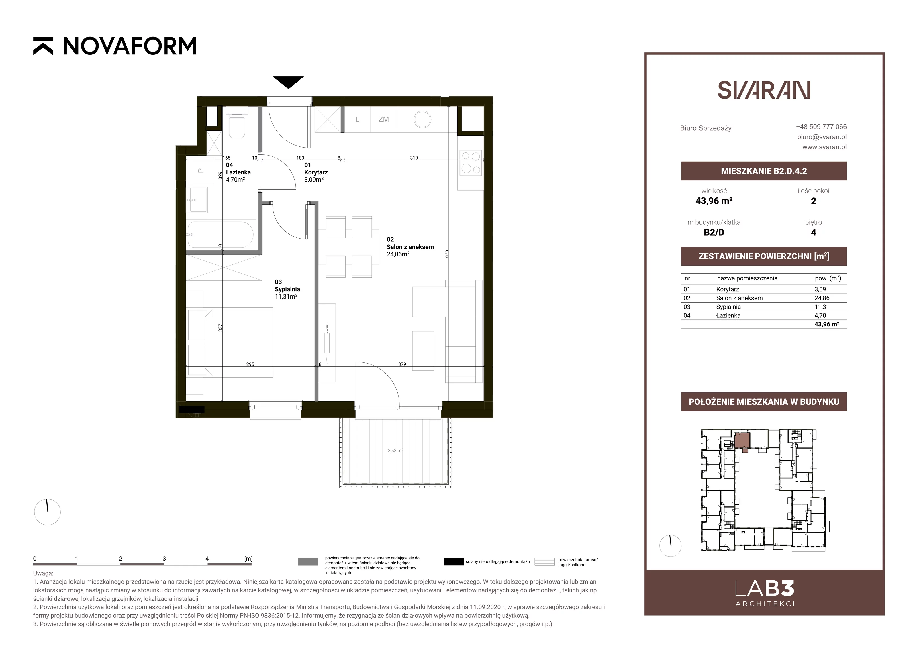 2 pokoje, mieszkanie 43,96 m², piętro 4, oferta nr B2.D.4.2, Svaran, Swarzędz, ul. Wrzesińska