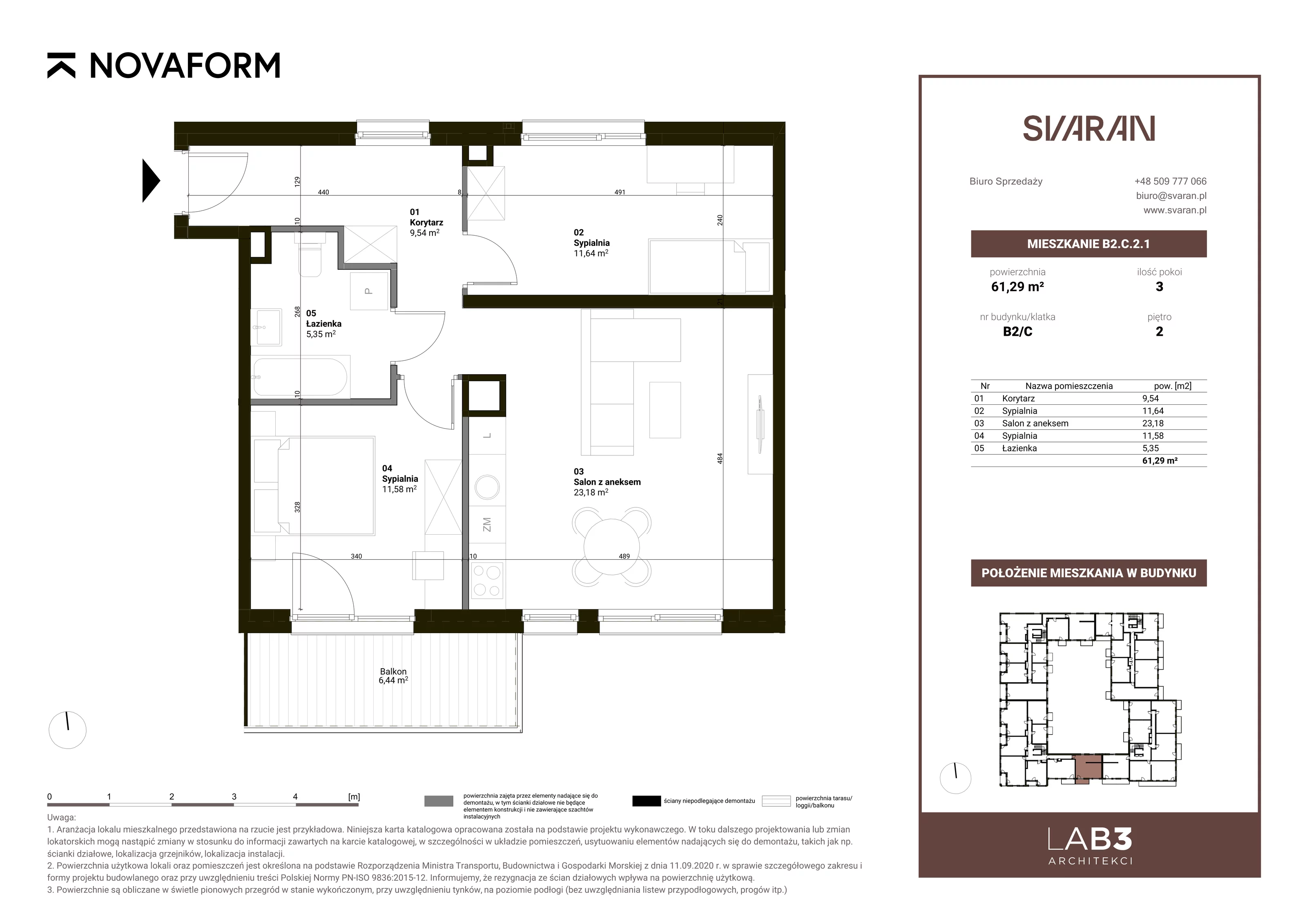 3 pokoje, mieszkanie 61,29 m², piętro 2, oferta nr B2.C.2.1, Svaran, Swarzędz, ul. Wrzesińska