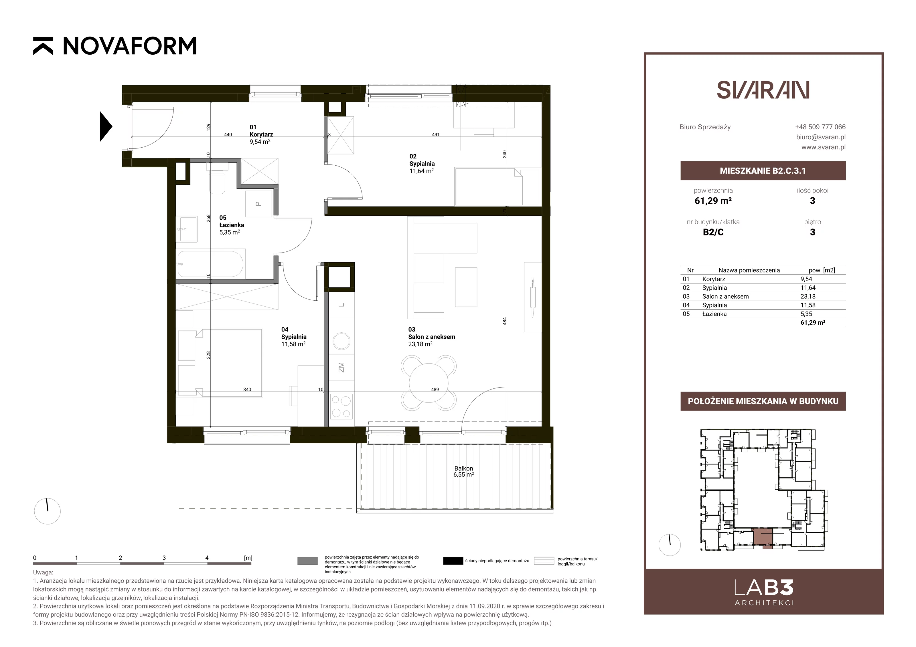 3 pokoje, mieszkanie 61,29 m², piętro 2, oferta nr B2.C.3.1, Svaran, Swarzędz, ul. Wrzesińska