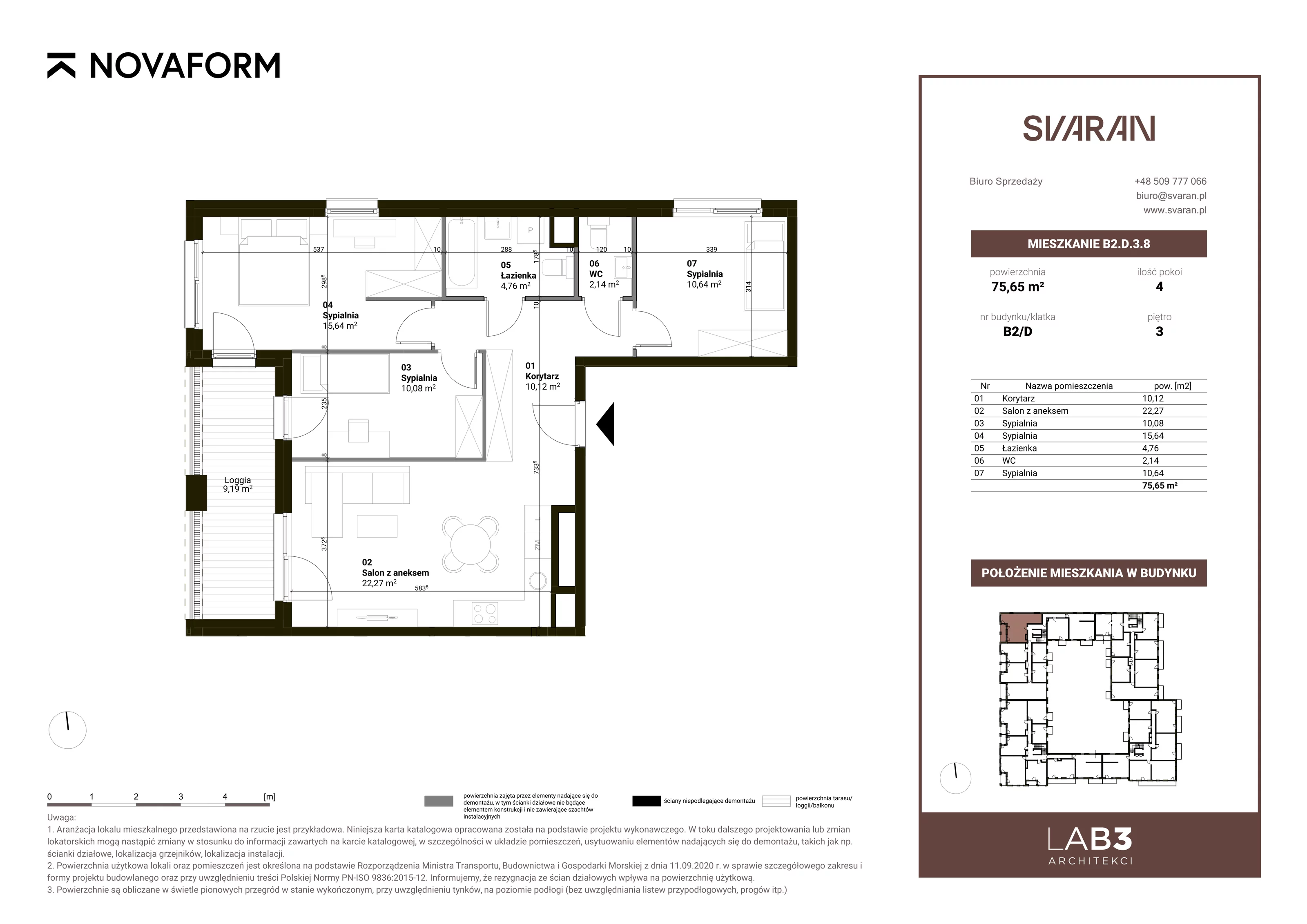 4 pokoje, mieszkanie 75,65 m², piętro 3, oferta nr B2.D.3.8, Svaran, Swarzędz, ul. Wrzesińska