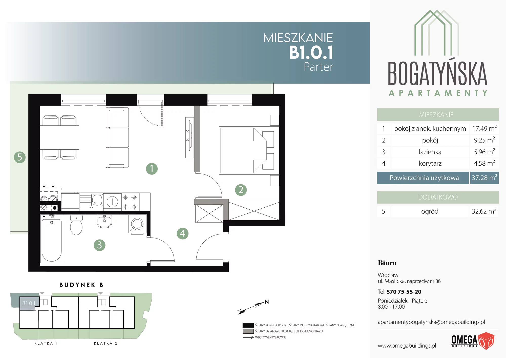 Apartament 37,28 m², parter, oferta nr B1.0.1, Bogatyńska Apartamenty, Wrocław, Maślice, Fabryczna, ul. Bogatyńska