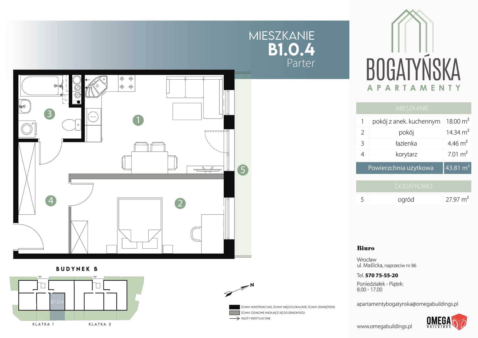 Apartament 43,81 m², parter, oferta nr B1.0.4, Bogatyńska Apartamenty, Wrocław, Maślice, Fabryczna, ul. Bogatyńska