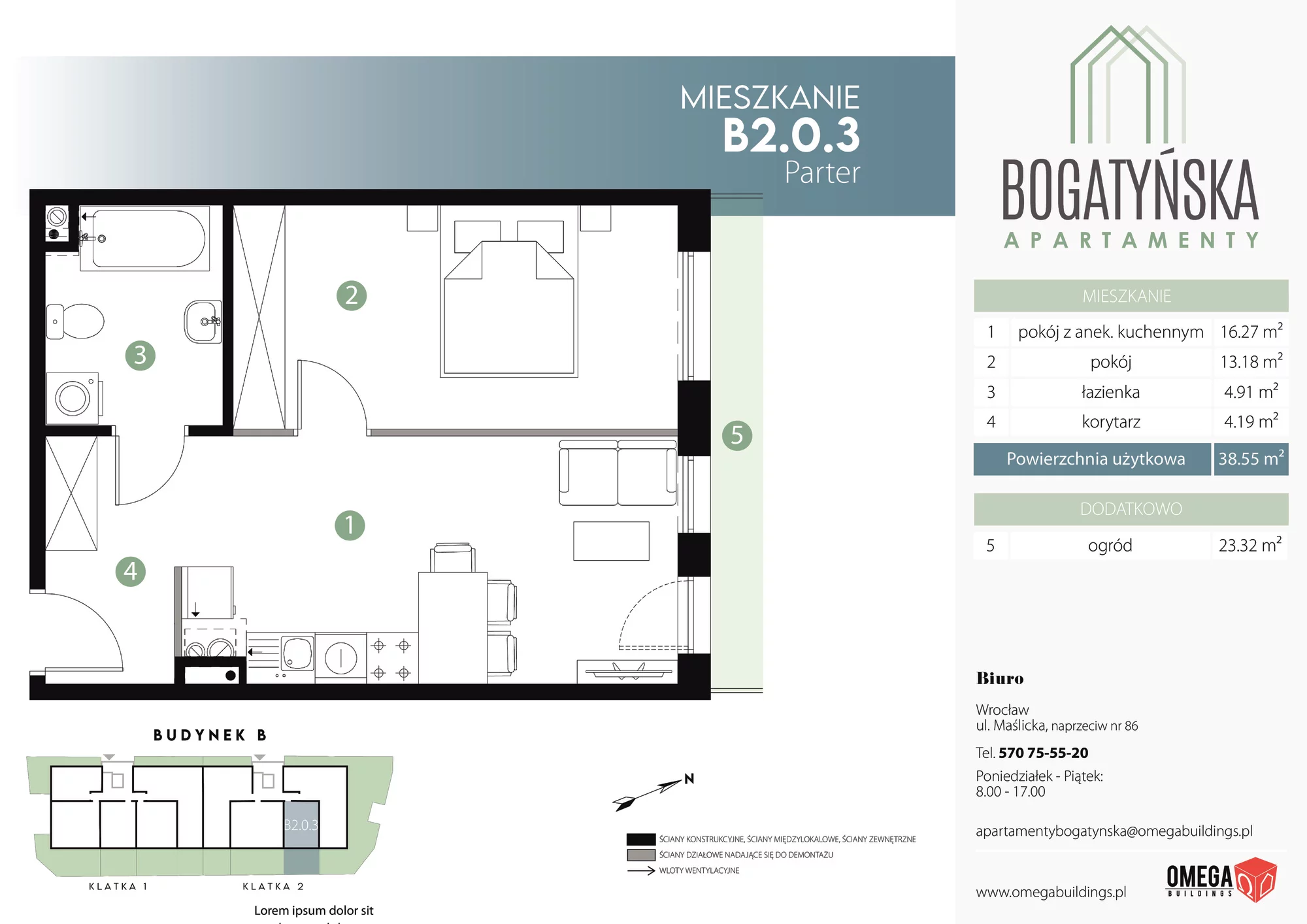 Apartament 38,55 m², parter, oferta nr B2.0.3, Bogatyńska Apartamenty, Wrocław, Maślice, Fabryczna, ul. Bogatyńska