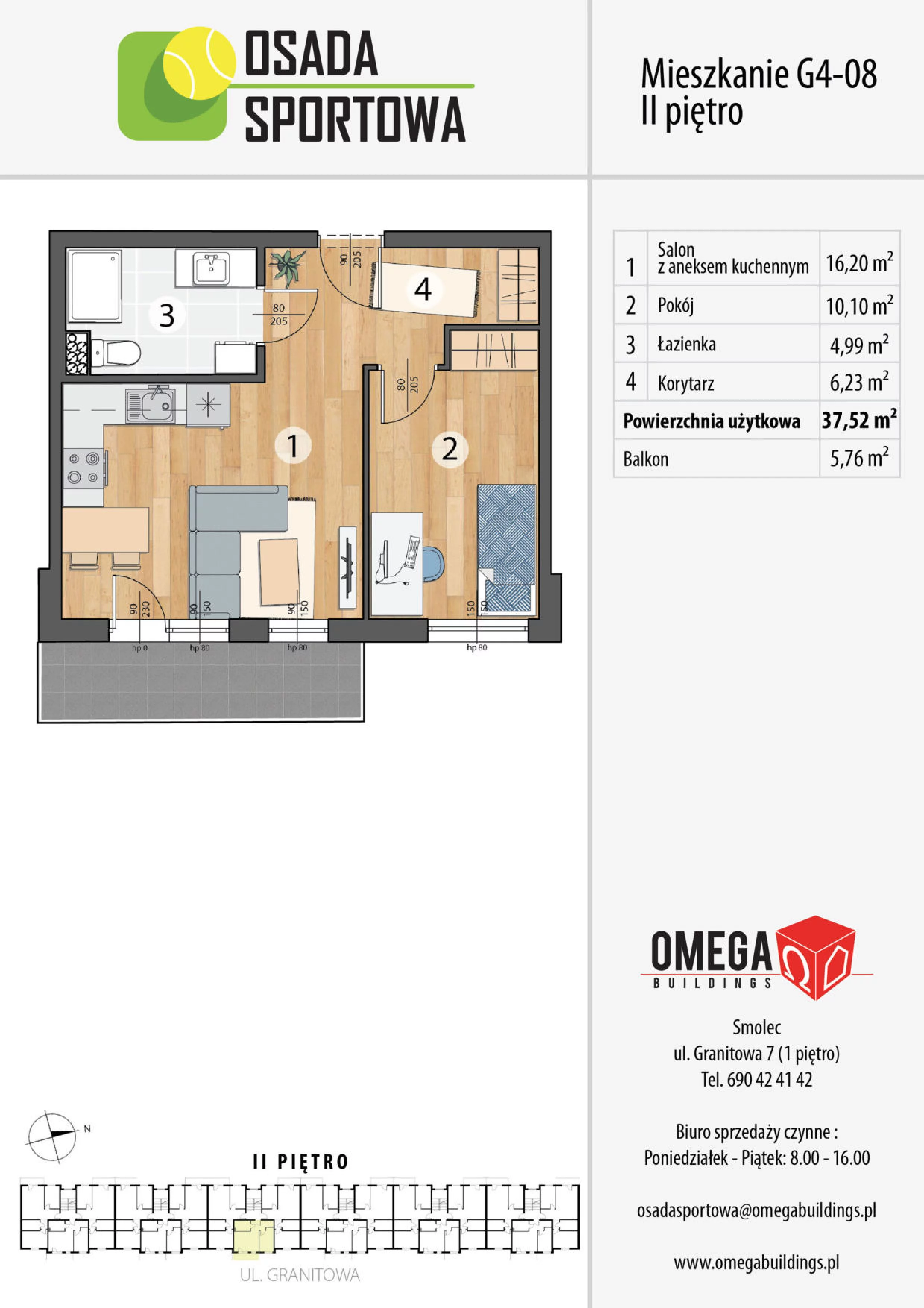2 pokoje, mieszkanie 37,52 m², piętro 2, oferta nr G4-08, Smolec pod Wrocławiem Dobry Deweloper Milo, Smolec, ul. Granitowa 52-62