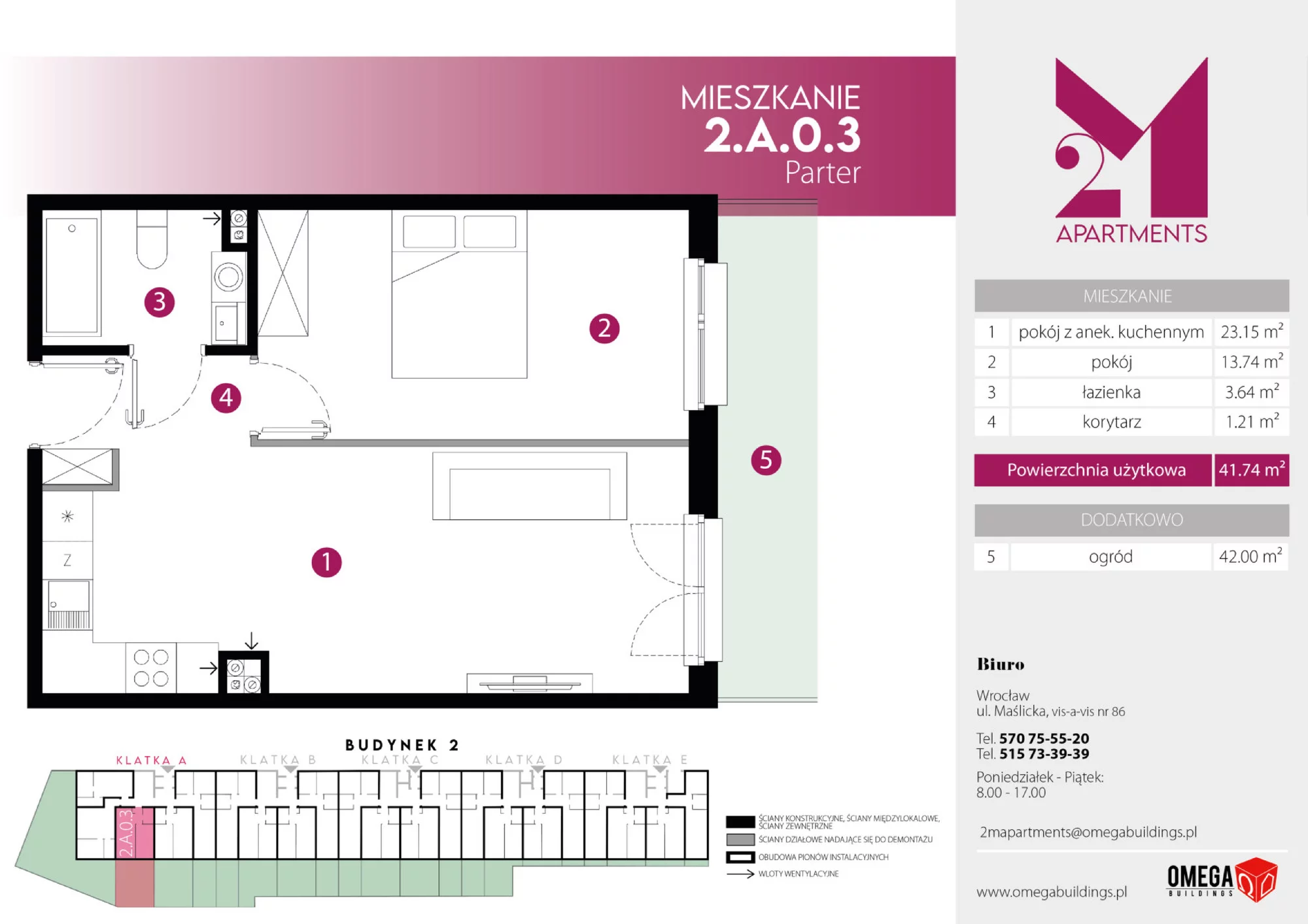 Mieszkanie 41,74 m², parter, oferta nr 2.A.0.3, 2M Apartments, Wrocław, Maślice, Fabryczna, ul. Zawidowska