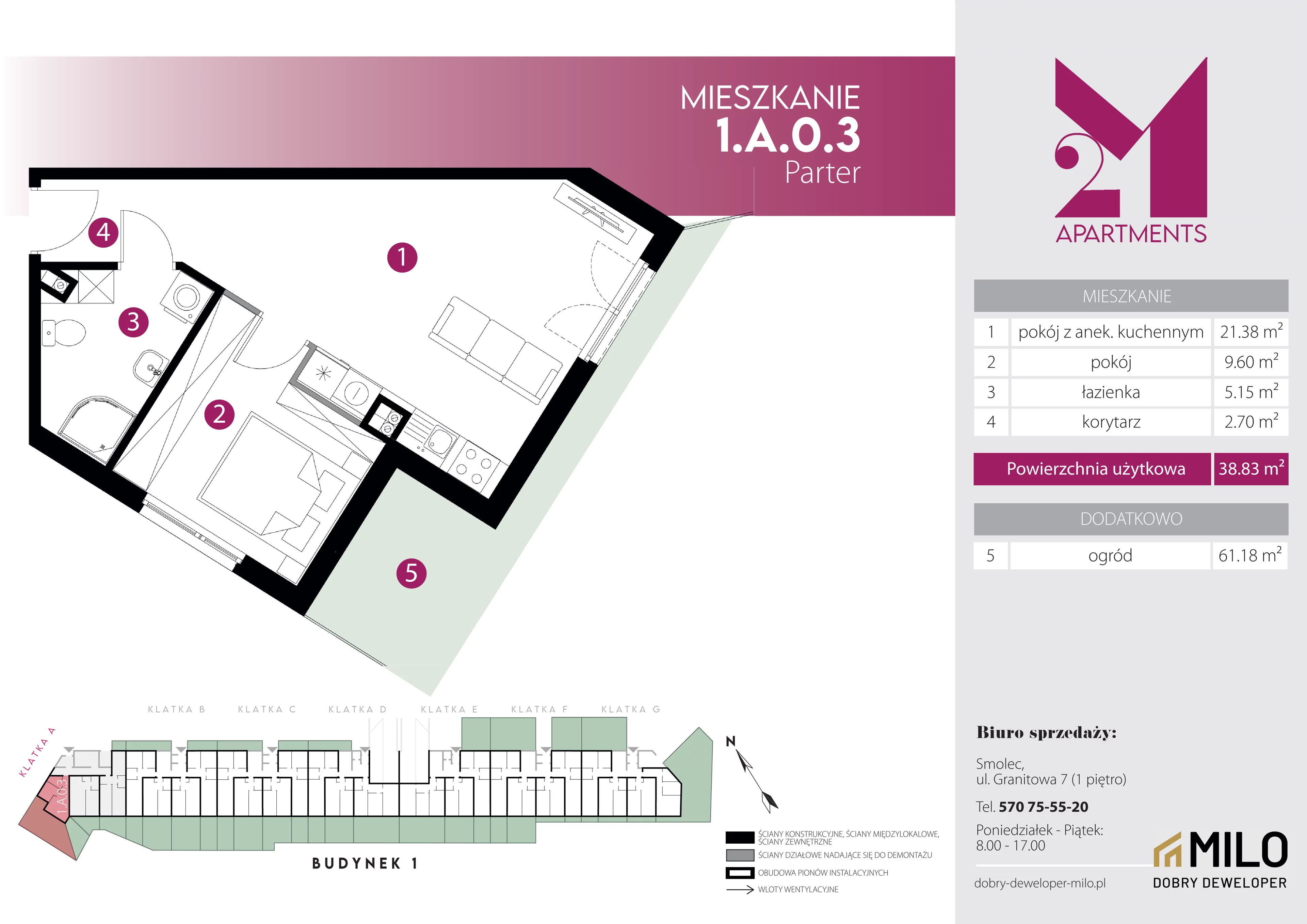 2 pokoje, mieszkanie 38,83 m², parter, oferta nr 1.A.0.3, 2M Apartments Dobry Deweloper Milo Wrocław Maślice , Wrocław, Maślice, Fabryczna, ul. Zawidowska