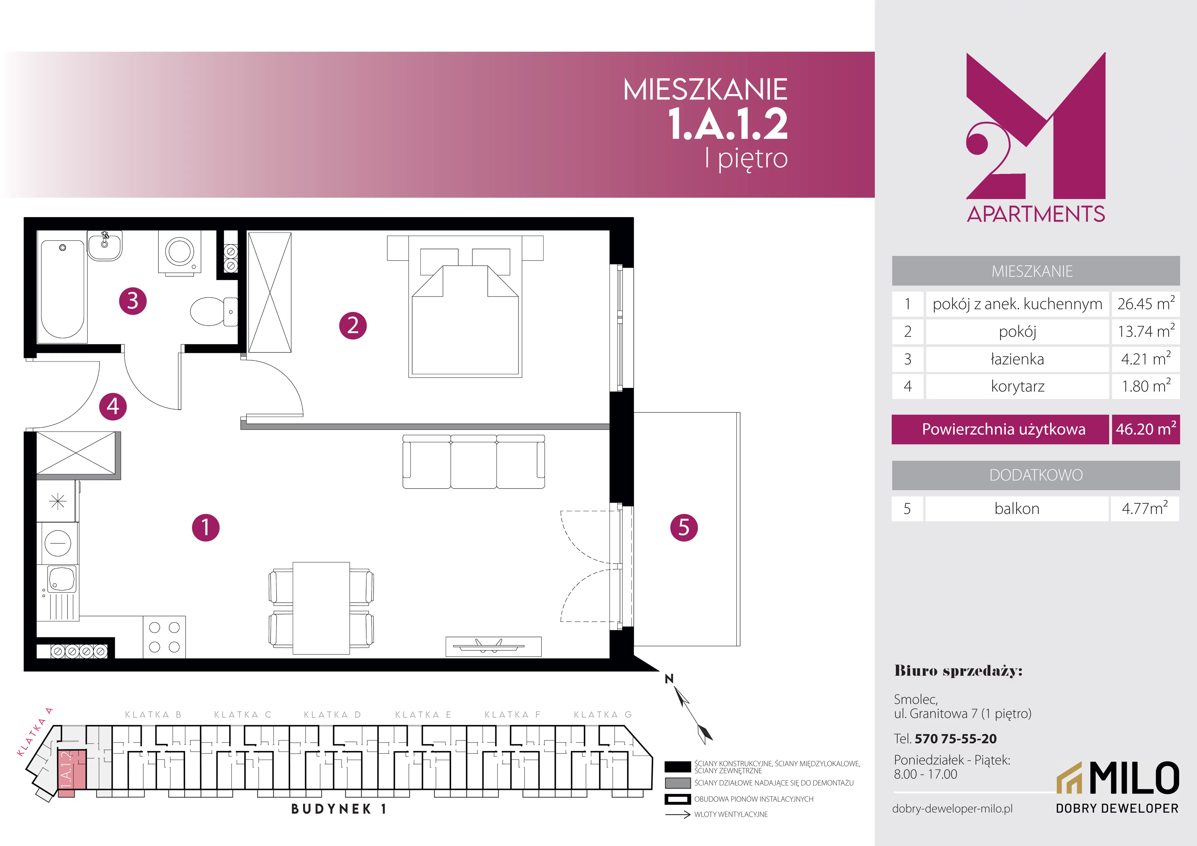 2 pokoje, mieszkanie 46,20 m², piętro 1, oferta nr 1.A.1.2, 2M Apartments Dobry Deweloper Milo Wrocław Maślice , Wrocław, Maślice, Fabryczna, ul. Zawidowska
