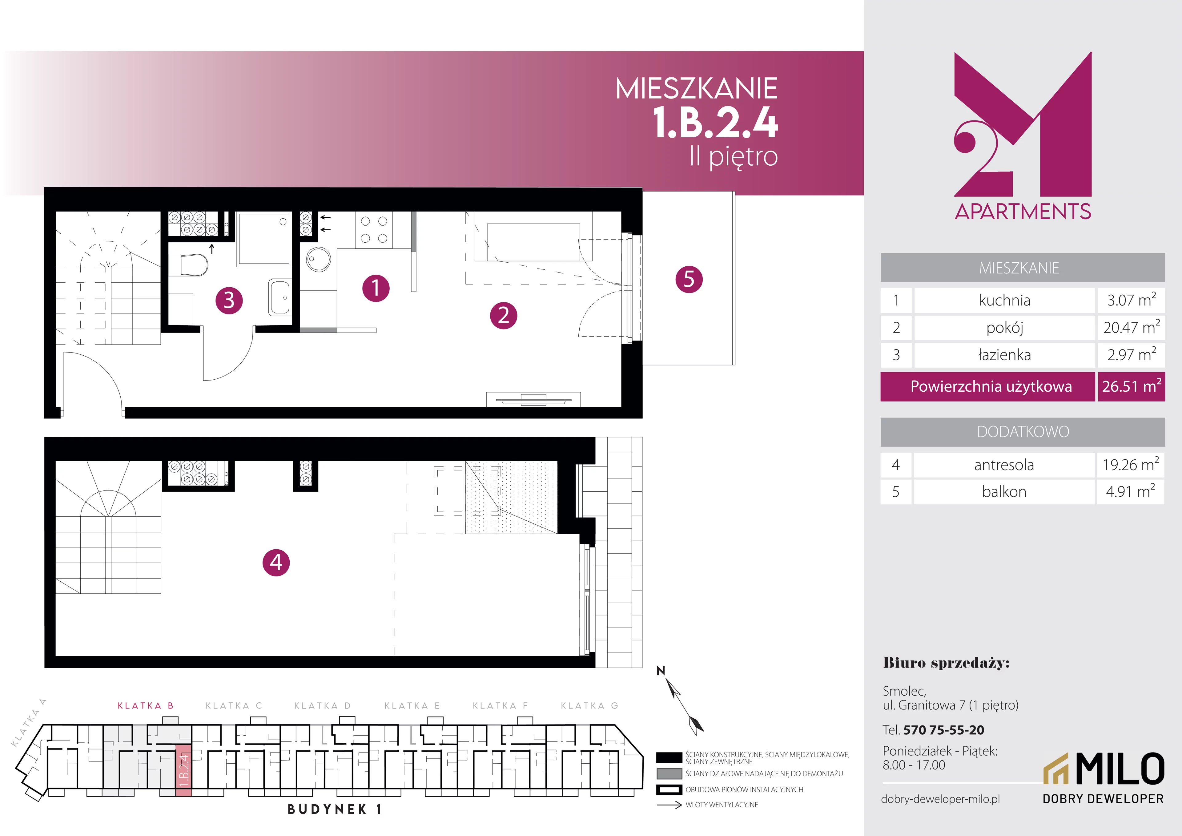 2 pokoje, mieszkanie 45,77 m², piętro 2, oferta nr 1.B.2.4, 2M Apartments Dobry Deweloper Milo Wrocław Maślice , Wrocław, Maślice, Fabryczna, ul. Zawidowska