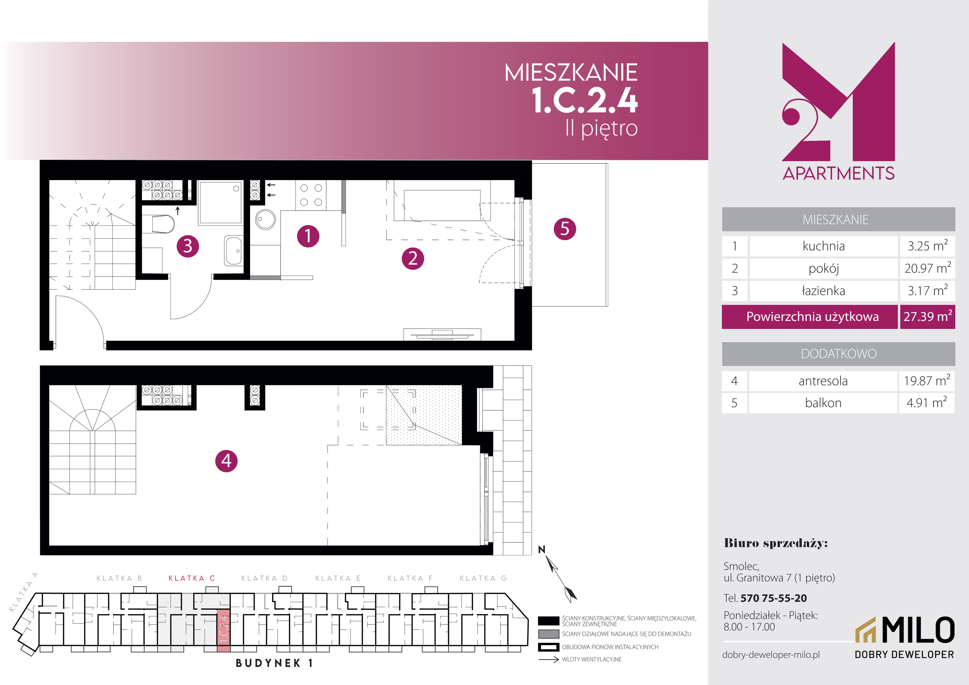 2 pokoje, mieszkanie 47,26 m², piętro 2, oferta nr 1.C.2.4, 2M Apartments Dobry Deweloper Milo Wrocław Maślice , Wrocław, Maślice, Fabryczna, ul. Zawidowska