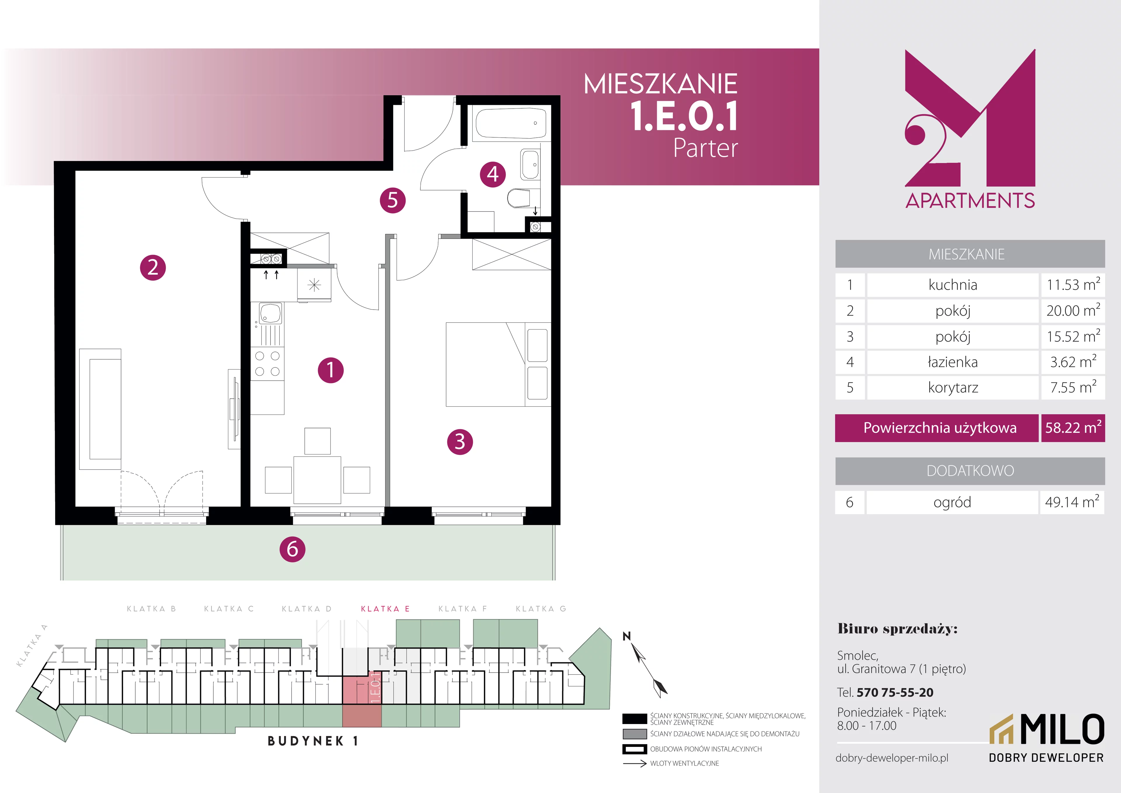 2 pokoje, mieszkanie 58,22 m², parter, oferta nr 1.E.0.1, 2M Apartments Dobry Deweloper Milo Wrocław Maślice , Wrocław, Maślice, Fabryczna, ul. Zawidowska
