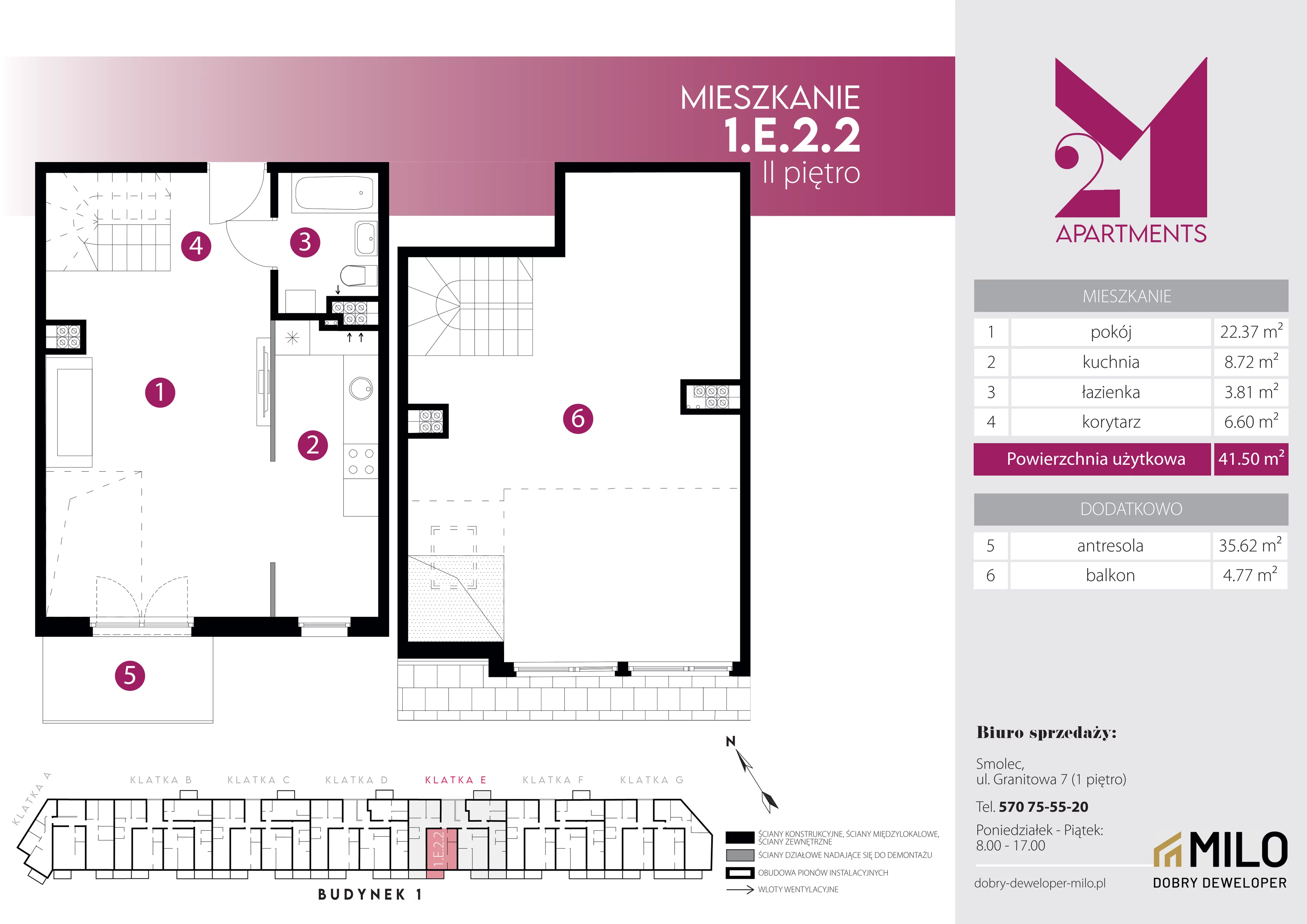 2 pokoje, mieszkanie 77,12 m², piętro 2, oferta nr 1.E.2.2, 2M Apartments Dobry Deweloper Milo Wrocław Maślice , Wrocław, Maślice, Fabryczna, ul. Zawidowska