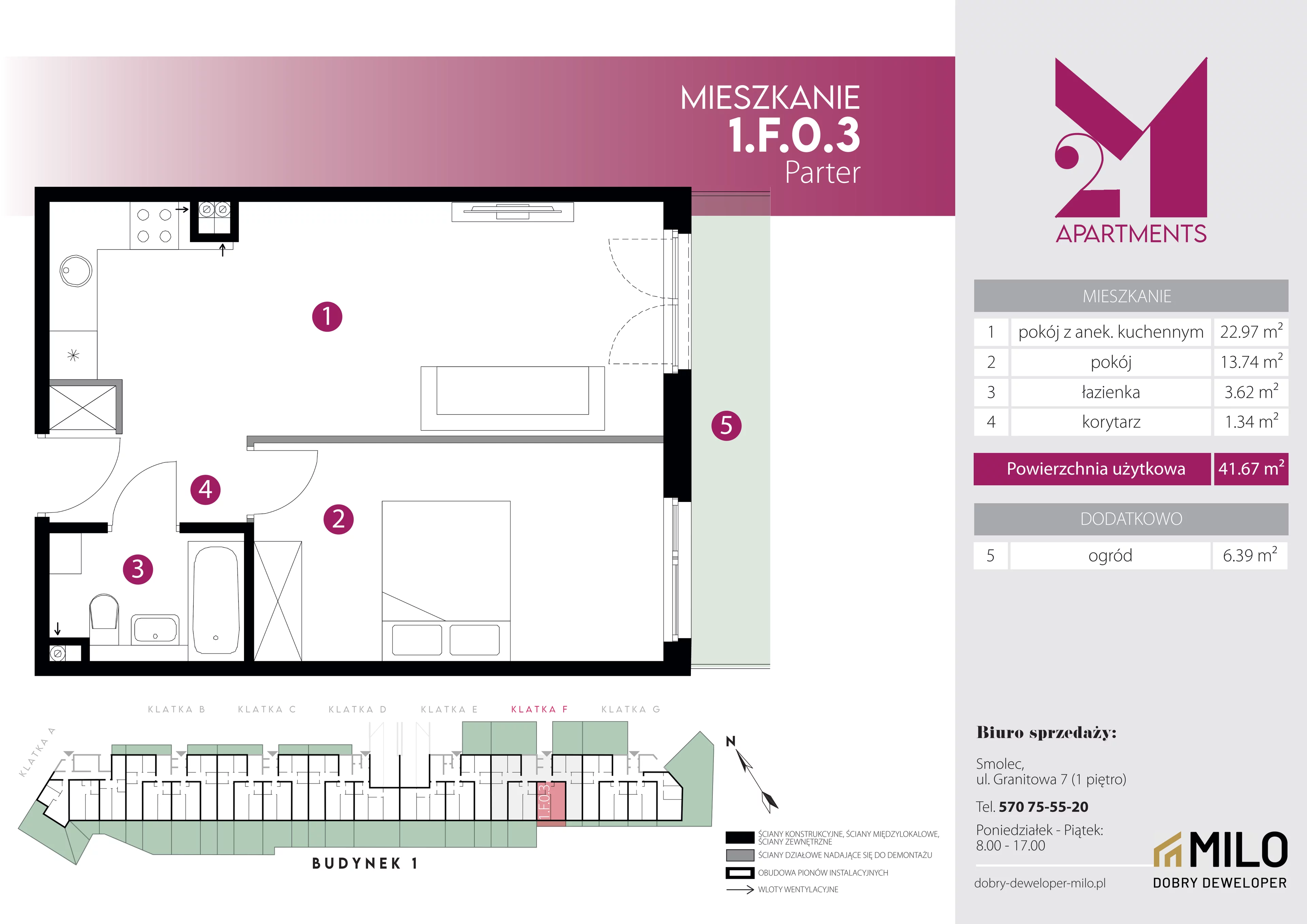 2 pokoje, mieszkanie 41,67 m², parter, oferta nr 1.F.0.3, 2M Apartments Dobry Deweloper Milo Wrocław Maślice , Wrocław, Maślice, Fabryczna, ul. Zawidowska