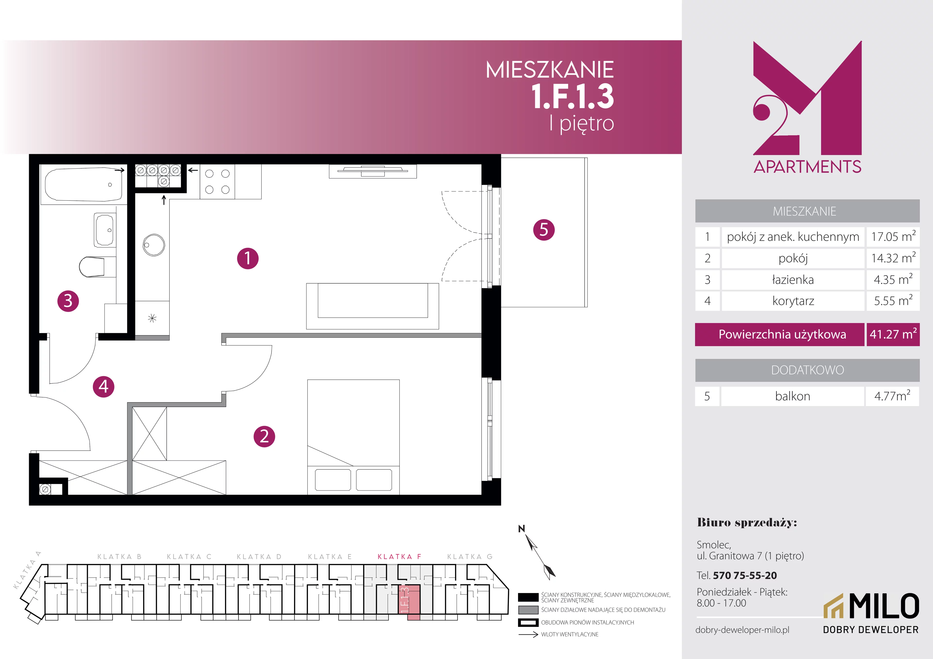 2 pokoje, mieszkanie 41,27 m², piętro 1, oferta nr 1.F.1.3, 2M Apartments Dobry Deweloper Milo Wrocław Maślice , Wrocław, Maślice, Fabryczna, ul. Zawidowska