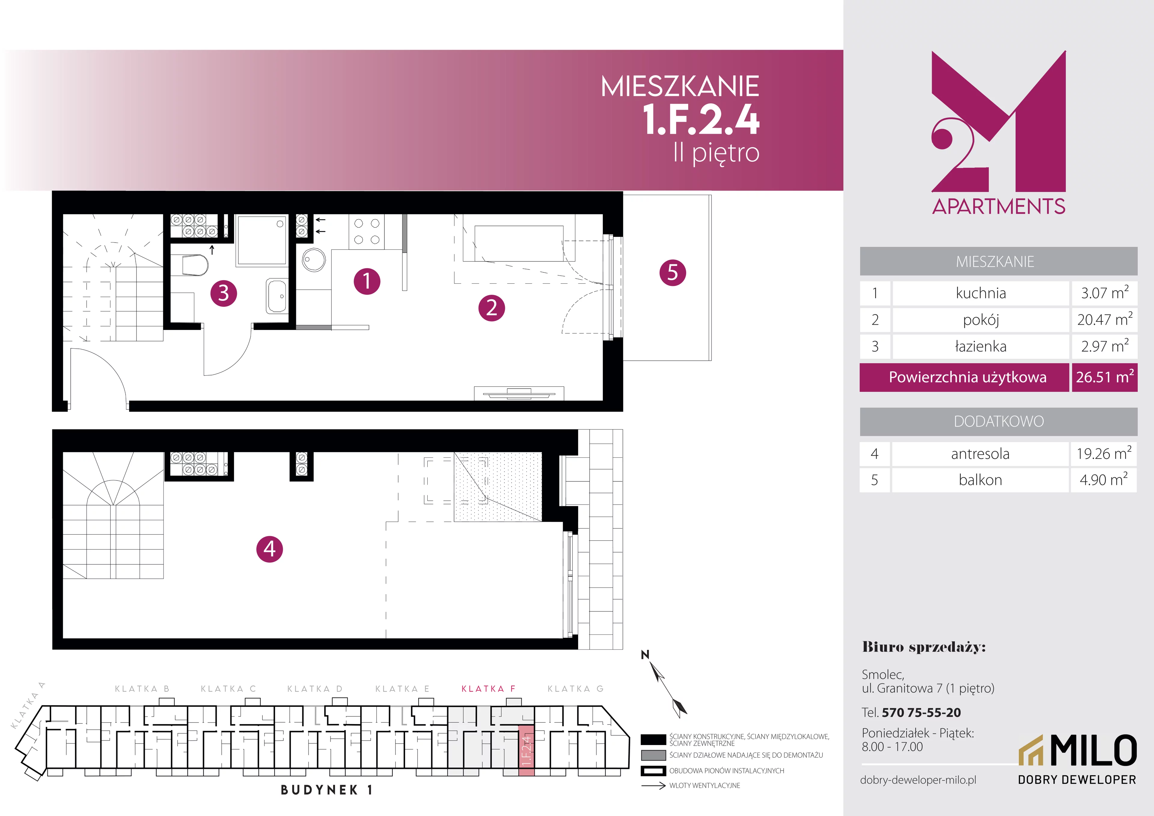 2 pokoje, mieszkanie 45,77 m², piętro 2, oferta nr 1.F.2.4, 2M Apartments Dobry Deweloper Milo Wrocław Maślice , Wrocław, Maślice, Fabryczna, ul. Zawidowska
