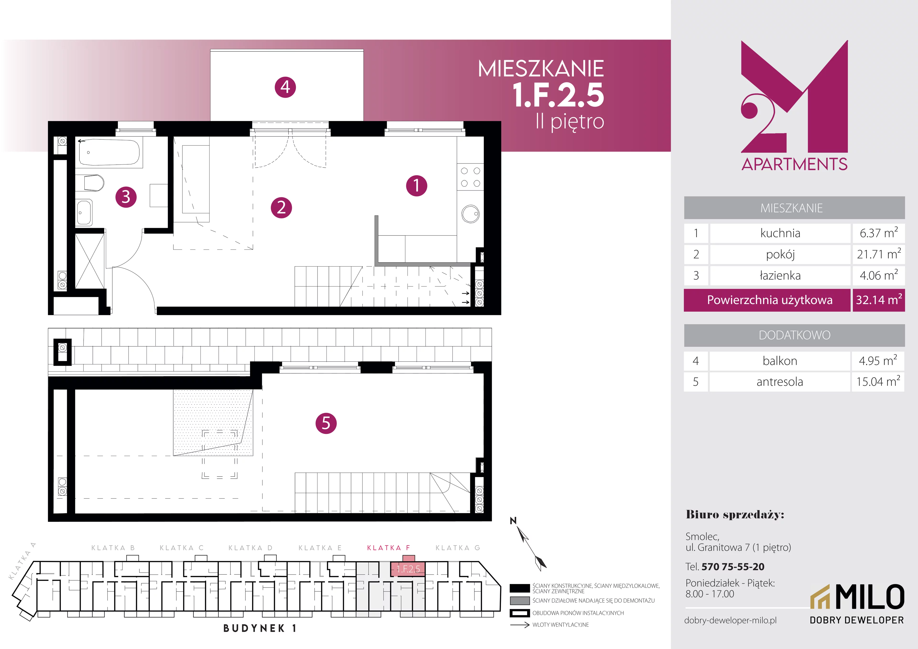 2 pokoje, mieszkanie 47,18 m², piętro 2, oferta nr 1.F.2.5, 2M Apartments Dobry Deweloper Milo Wrocław Maślice , Wrocław, Maślice, Fabryczna, ul. Zawidowska