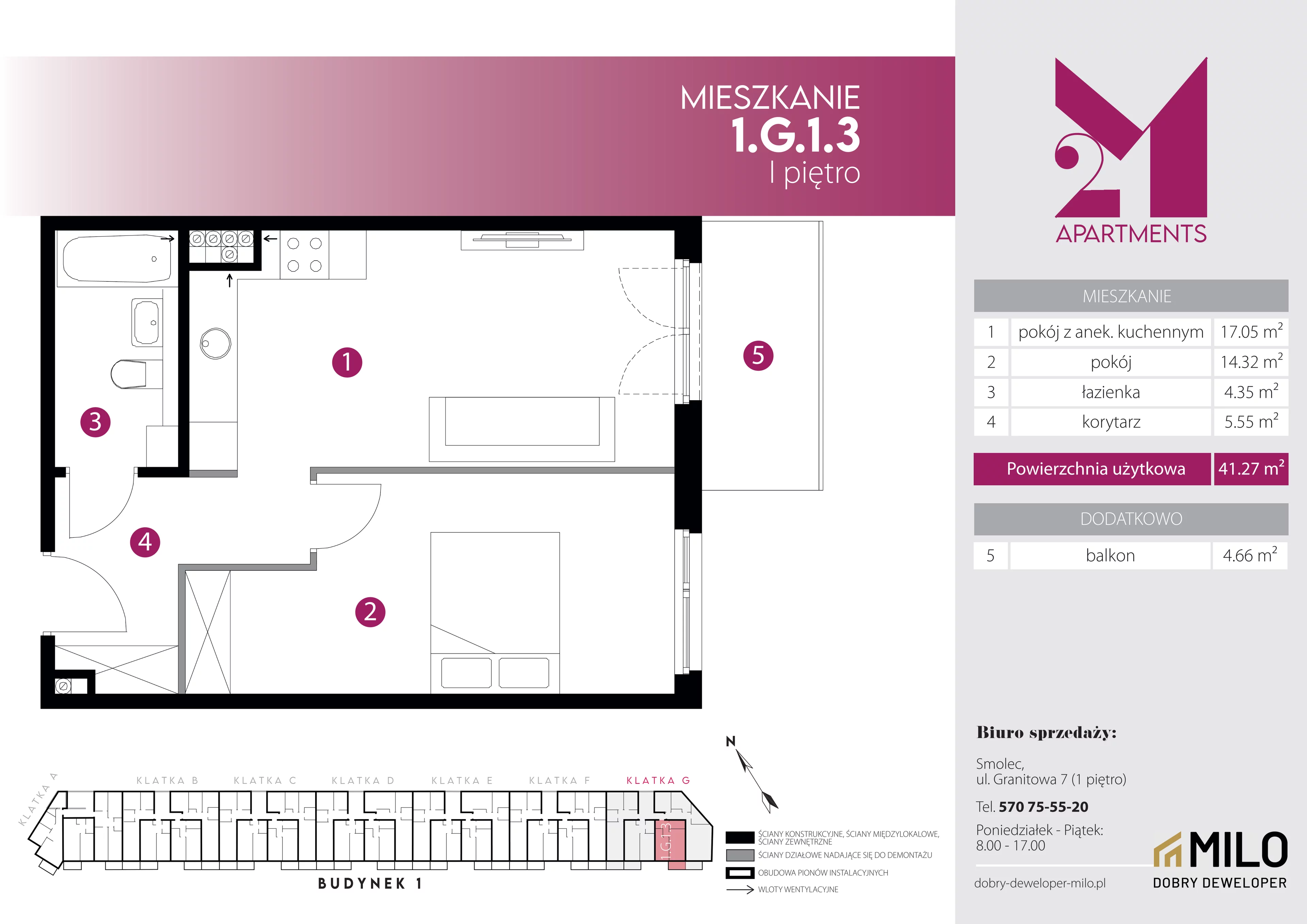 2 pokoje, mieszkanie 41,27 m², piętro 1, oferta nr 1.G.1.3, 2M Apartments Dobry Deweloper Milo Wrocław Maślice , Wrocław, Maślice, Fabryczna, ul. Zawidowska