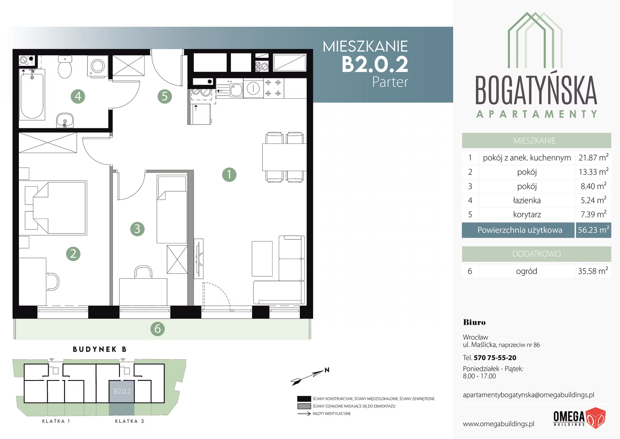 Apartament 56,23 m², parter, oferta nr B2.0.2, Bogatyńska Apartamenty, Wrocław, Maślice, Fabryczna, ul. Bogatyńska