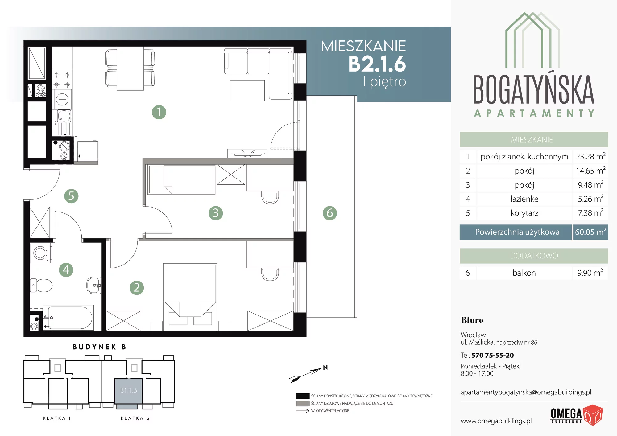 Apartament 60,05 m², piętro 1, oferta nr B2.1.6, Bogatyńska Apartamenty, Wrocław, Maślice, Fabryczna, ul. Bogatyńska