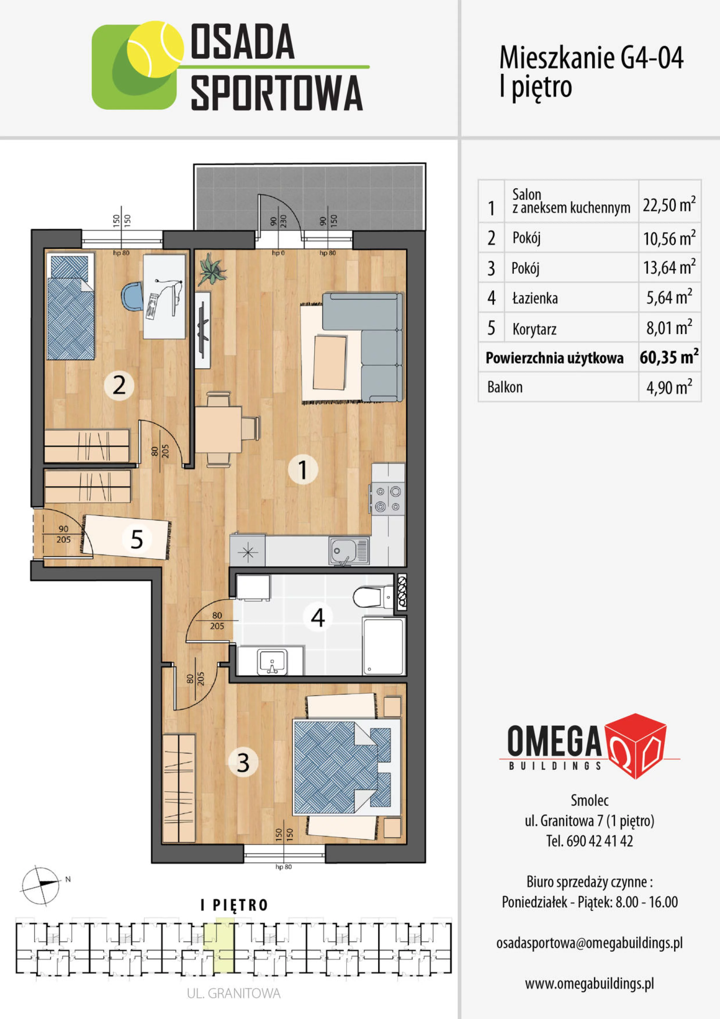 3 pokoje, mieszkanie 60,35 m², piętro 1, oferta nr G4-04, Smolec pod Wrocławiem Dobry Deweloper Milo, Smolec, ul. Granitowa 52-62