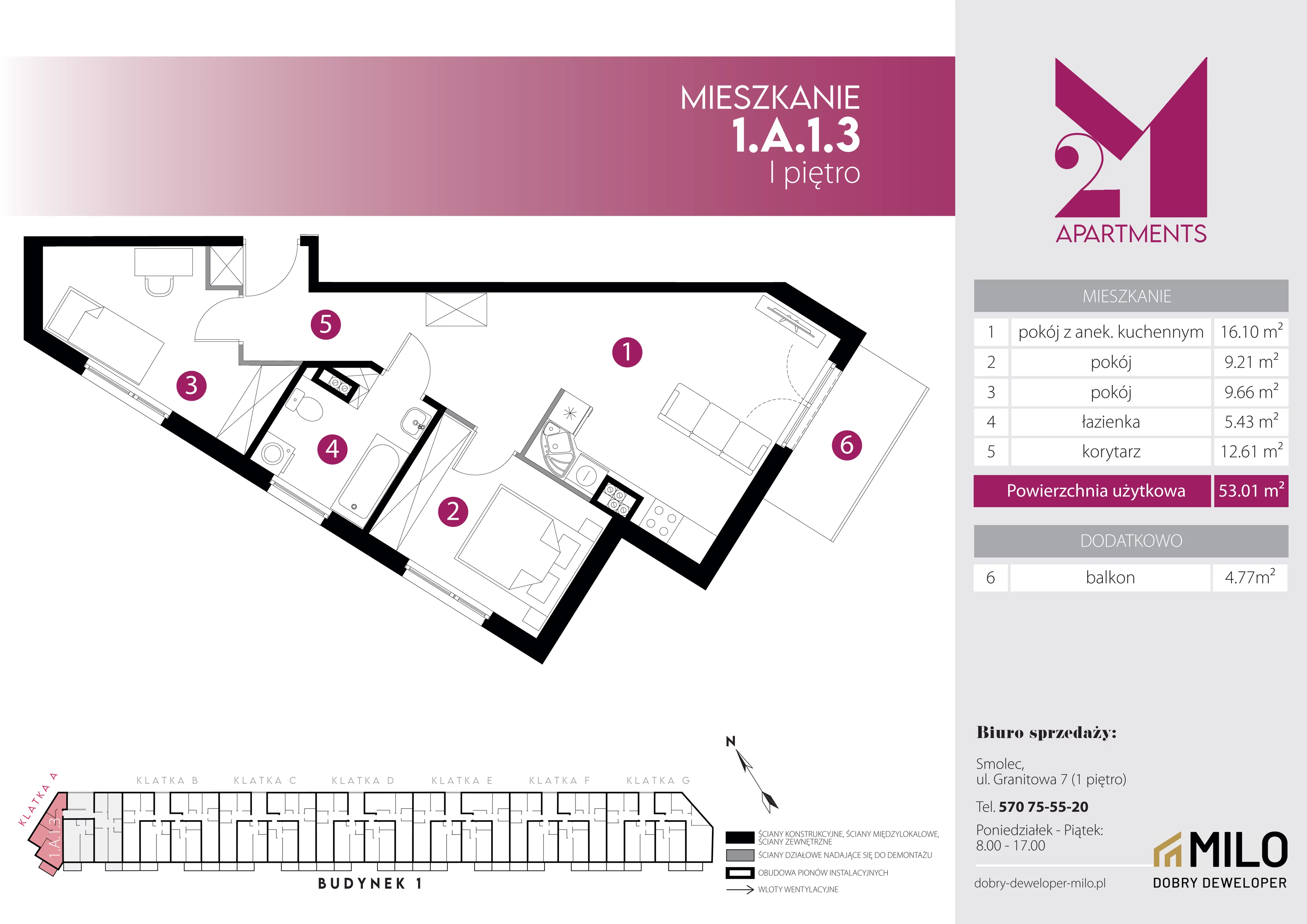 3 pokoje, mieszkanie 53,01 m², piętro 1, oferta nr 1.A.1.3, 2M Apartments Dobry Deweloper Milo Wrocław Maślice , Wrocław, Maślice, Fabryczna, ul. Zawidowska