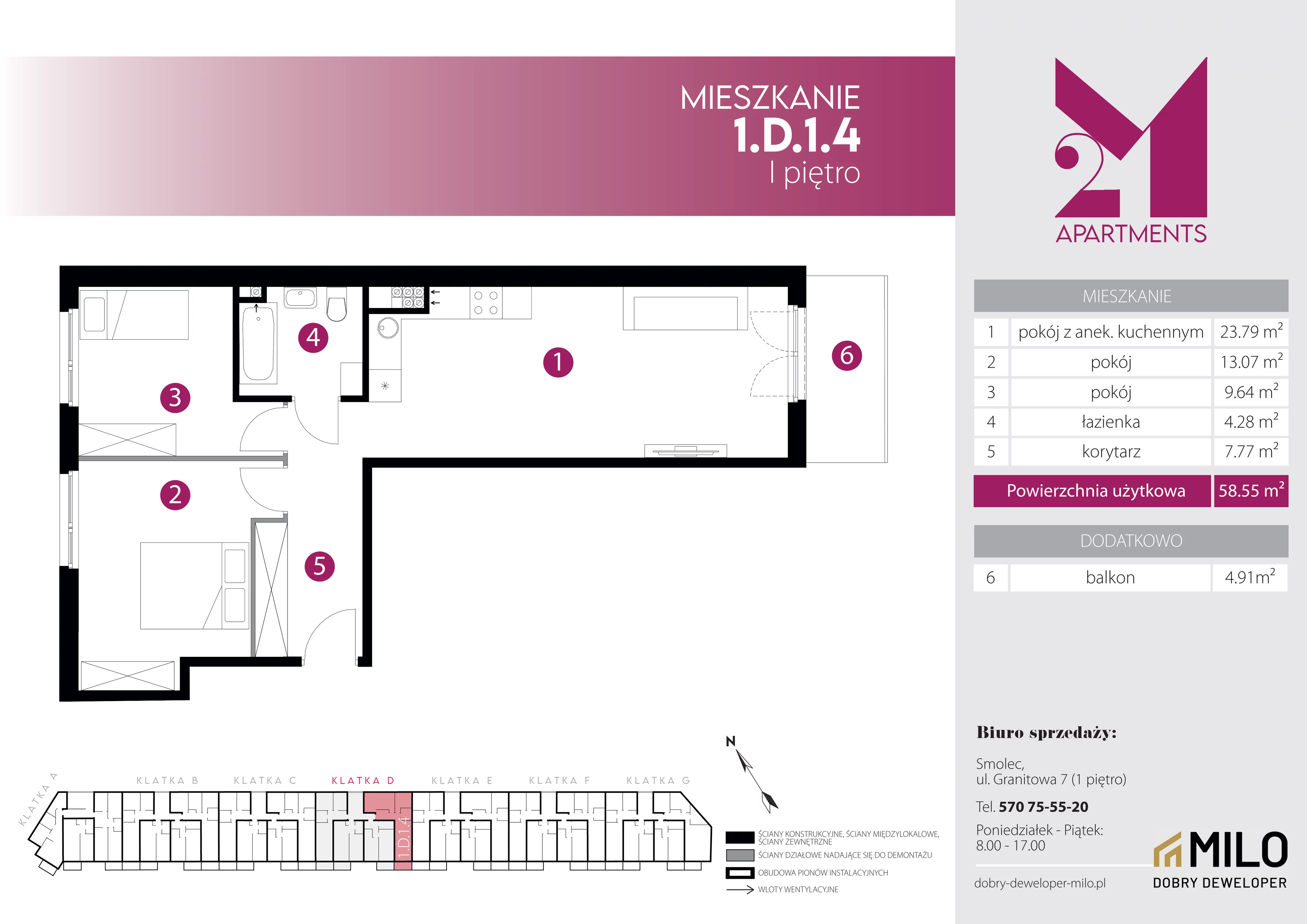 3 pokoje, mieszkanie 58,55 m², piętro 1, oferta nr 1.D.1.4, 2M Apartments Dobry Deweloper Milo Wrocław Maślice , Wrocław, Maślice, Fabryczna, ul. Zawidowska