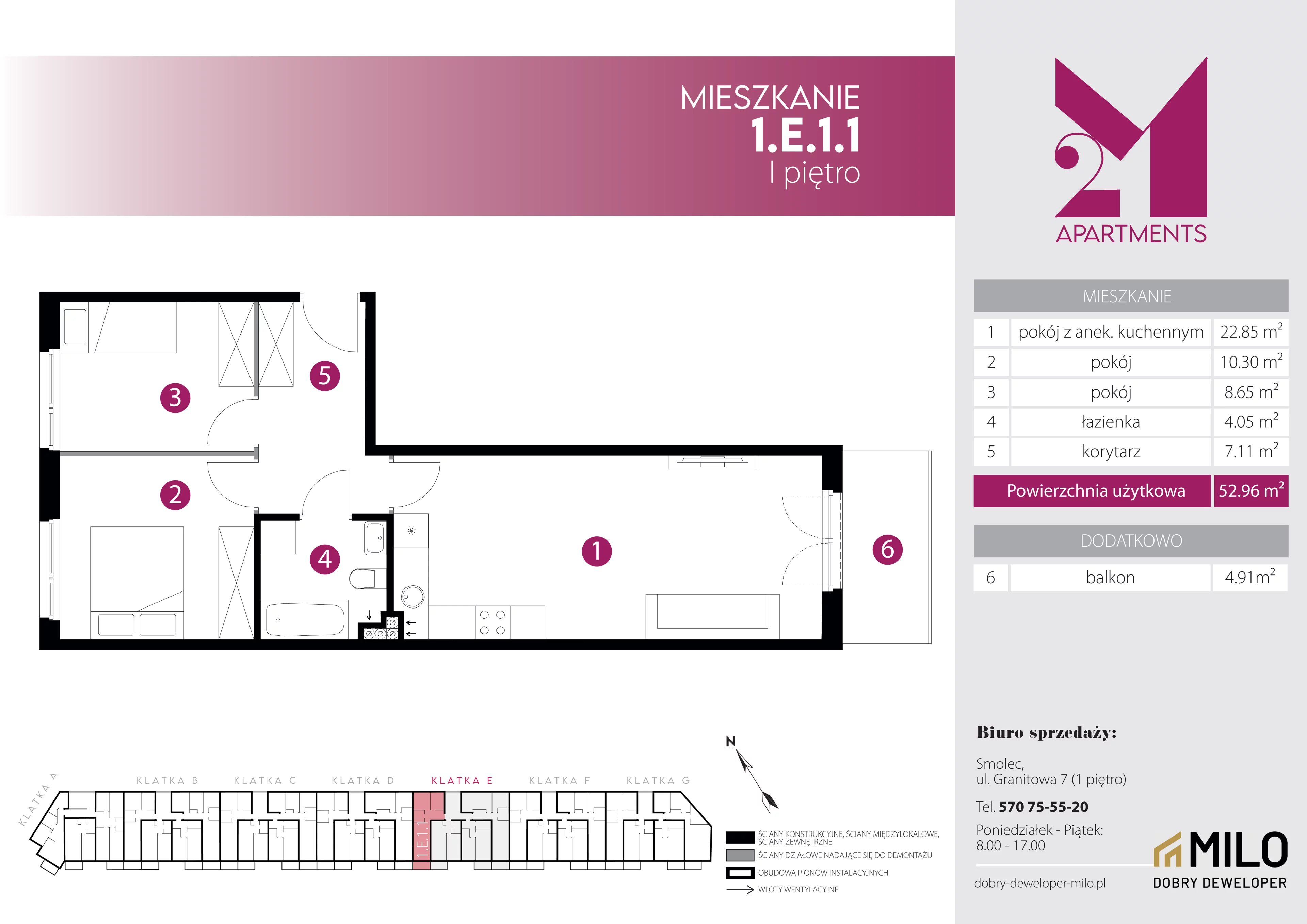 3 pokoje, mieszkanie 52,96 m², piętro 1, oferta nr 1.E.1.1, 2M Apartments Dobry Deweloper Milo Wrocław Maślice , Wrocław, Maślice, Fabryczna, ul. Zawidowska